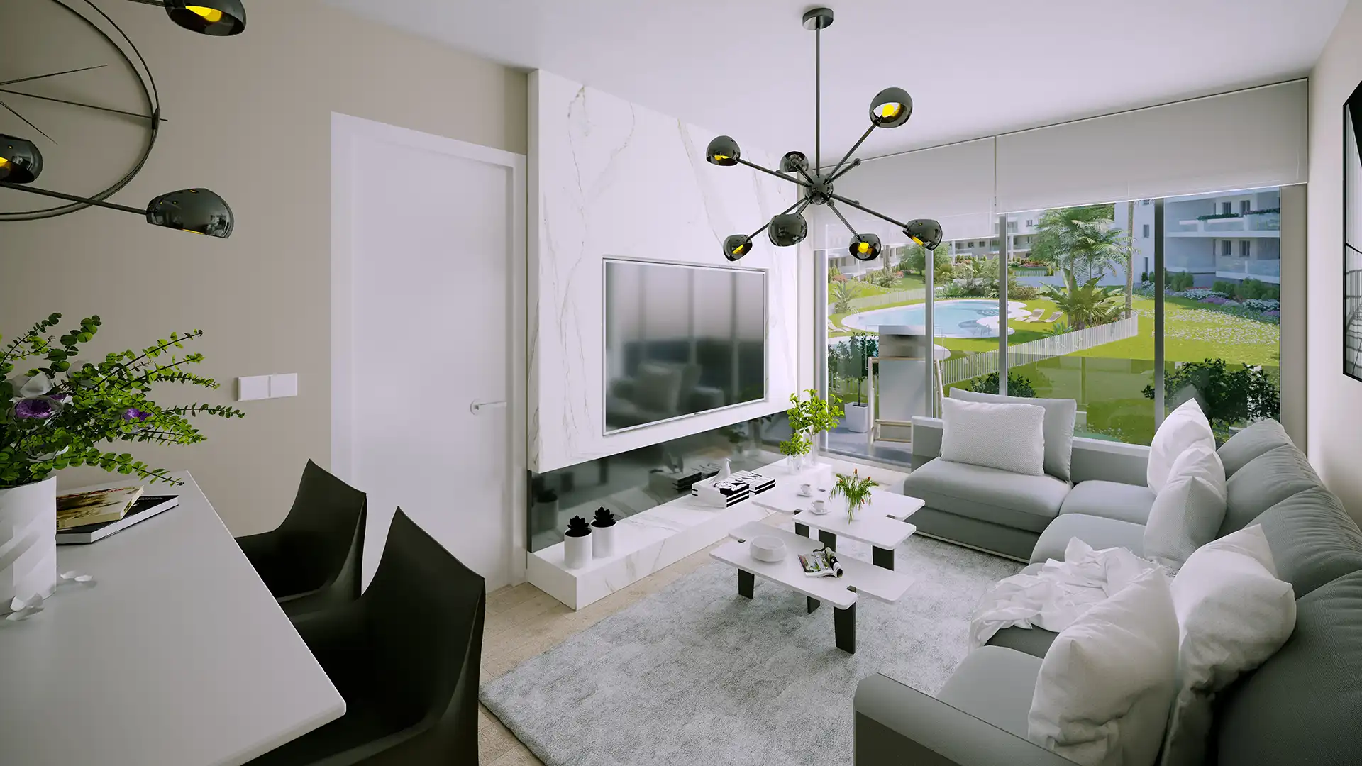 Living room with pool views in a new development in Torreblanca Fuengirola