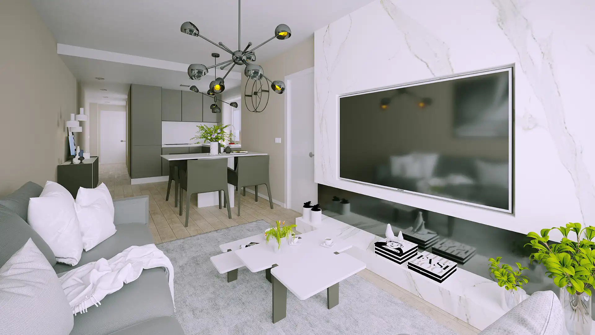 Open-plan living room with marble TV wall in a new build apartment in Fuengirola
