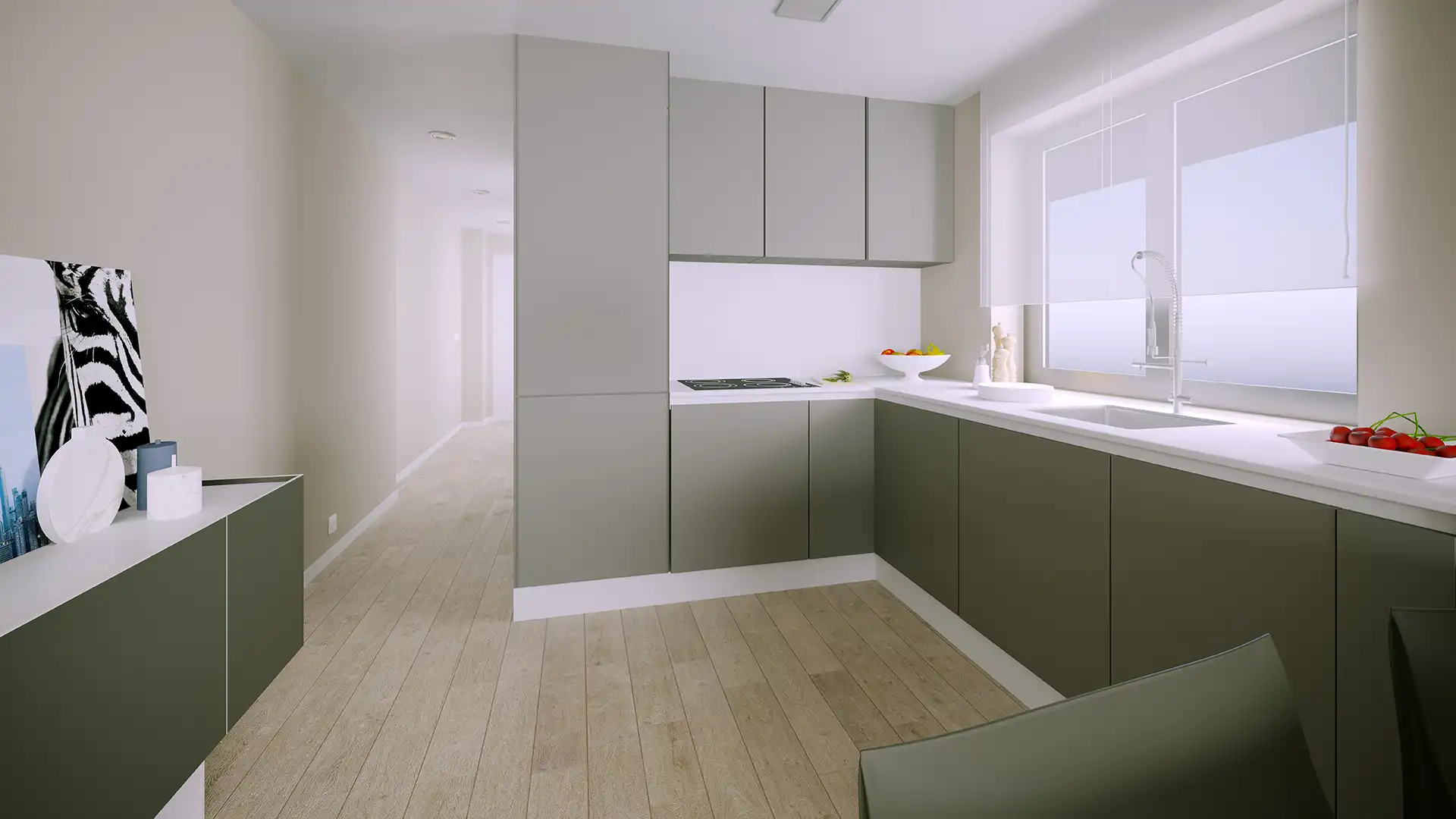 Modern open-plan kitchen with olive green cabinetry in a Fuengirola new development