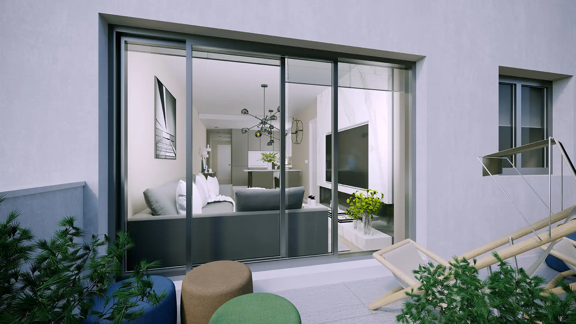 Medhills private terrace with floor-to-ceiling sliding doors