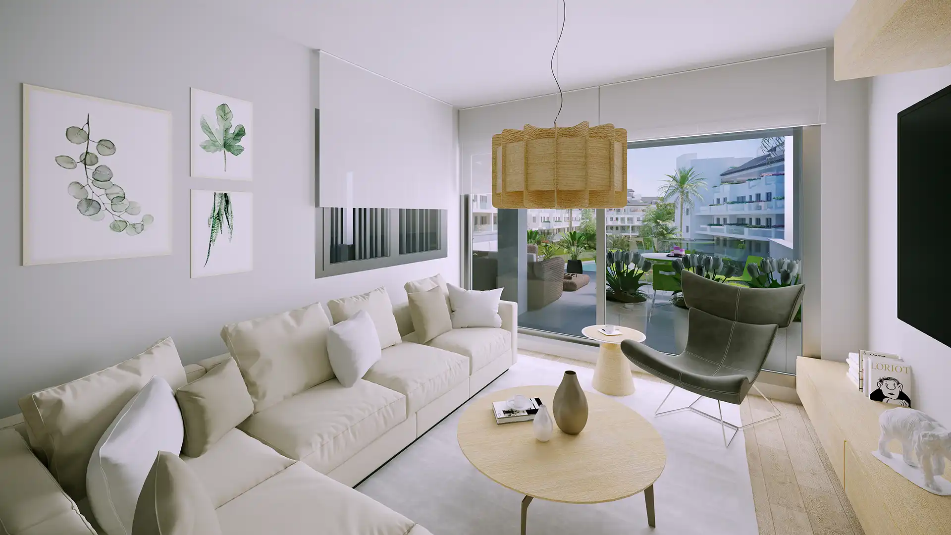 Living room opening onto a terrace with pool views in Fuengirola