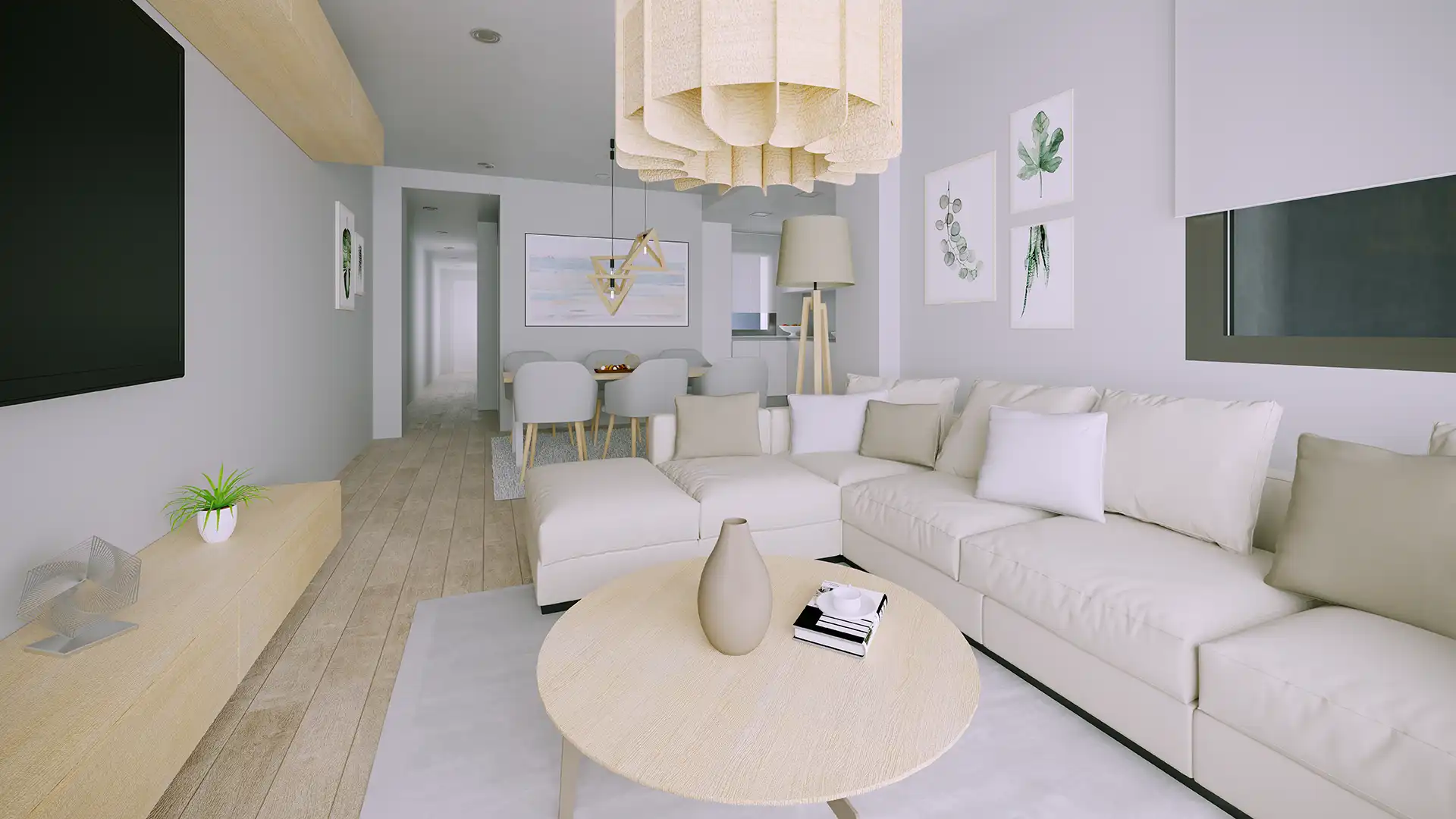Bright living room with neutral Scandinavian palette in a Torreblanca apartment