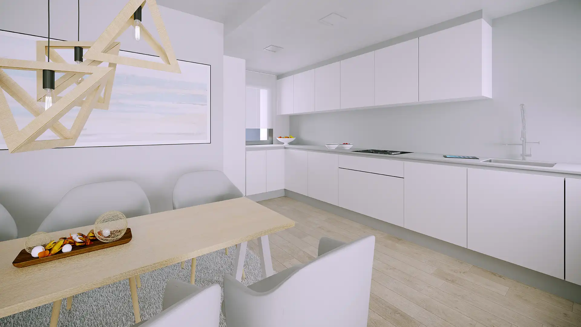 Open-plan kitchen and dining area in white in a Fuengirola new build