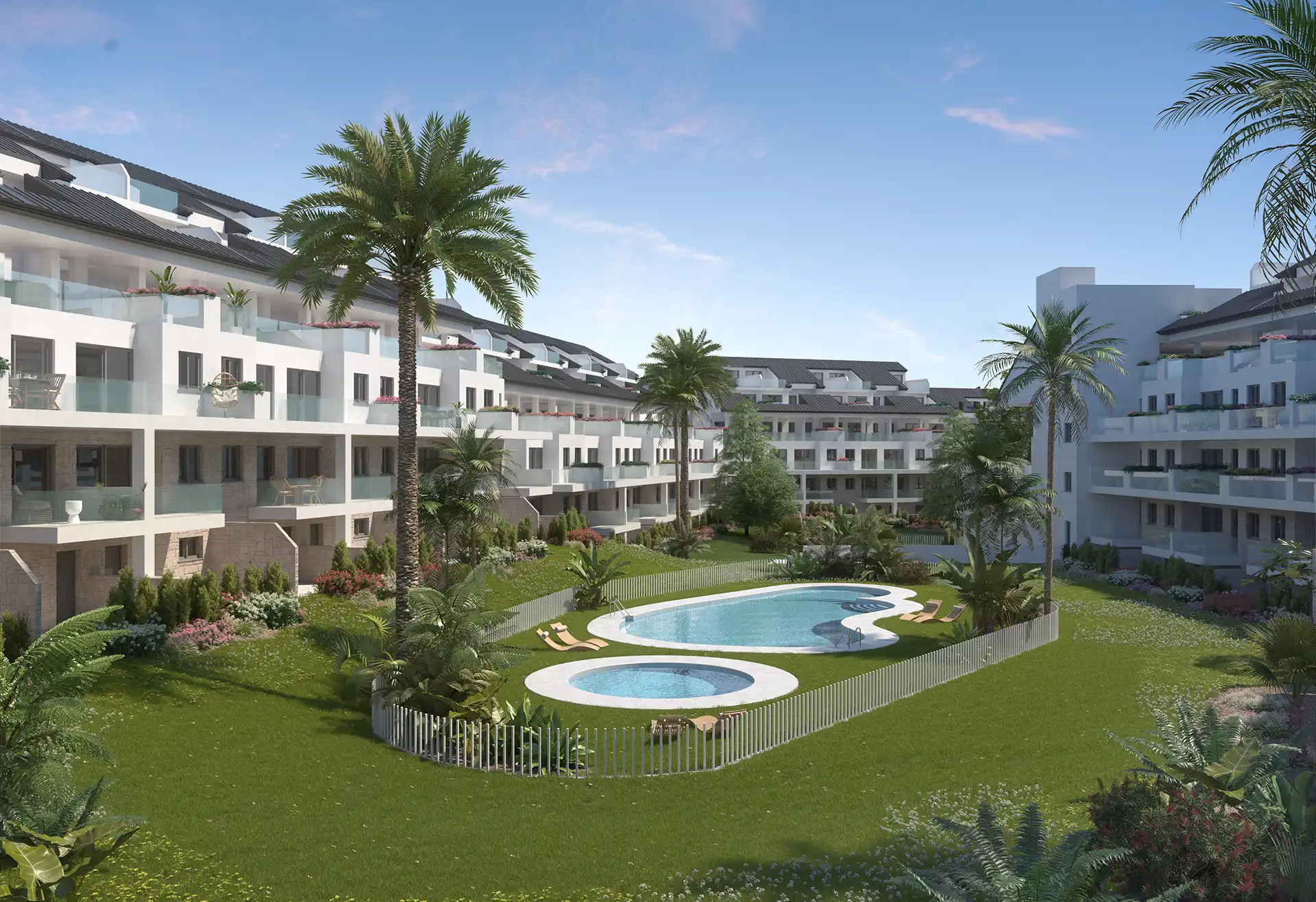 Medhills Fuengirola communal pool and landscaped gardens