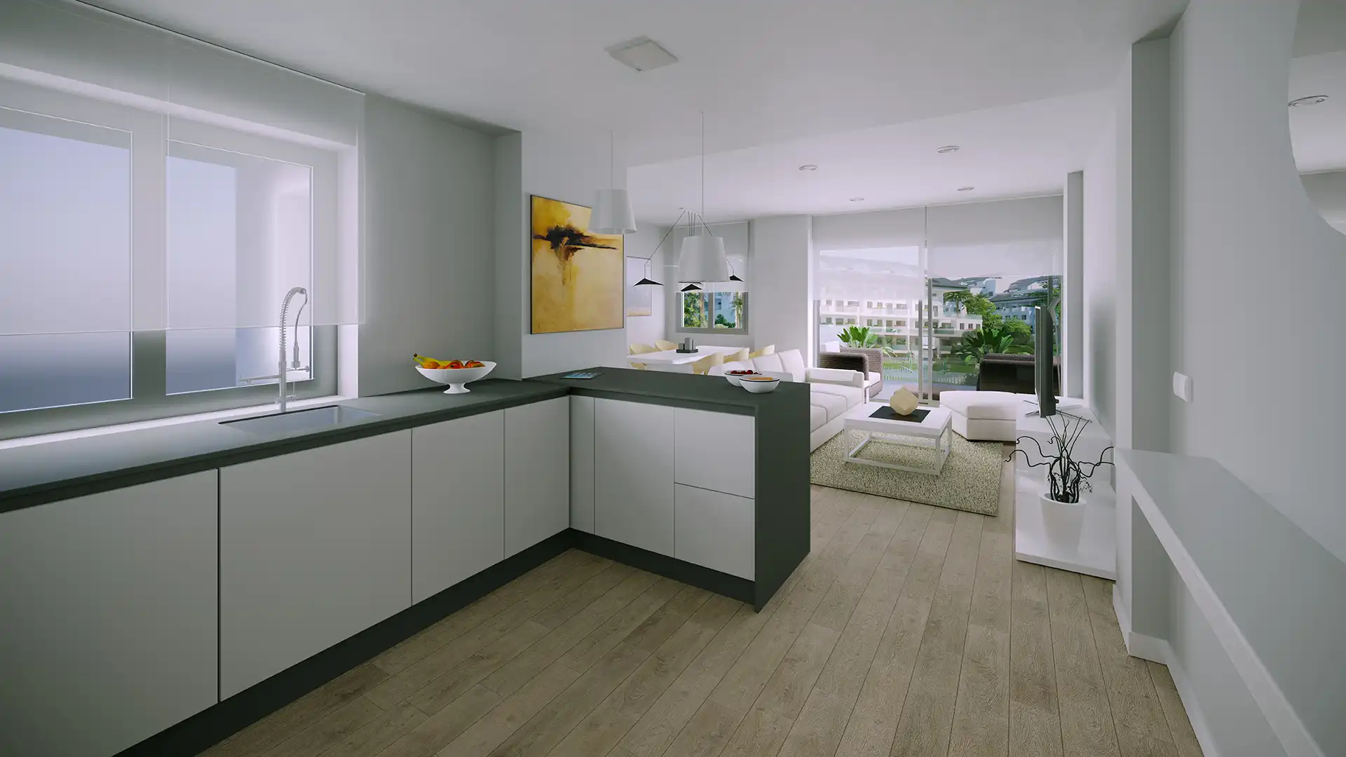 Open-plan kitchen and living room in a new build apartment in Fuengirola
