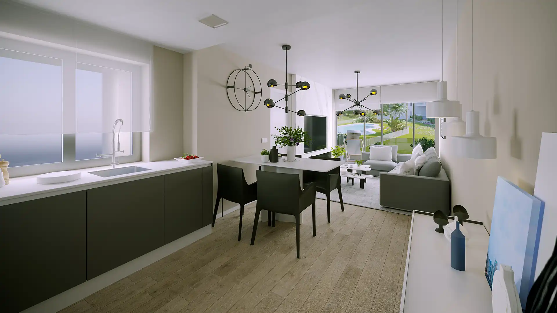 Open-plan kitchen and living room with sea views in Torreblanca Fuengirola