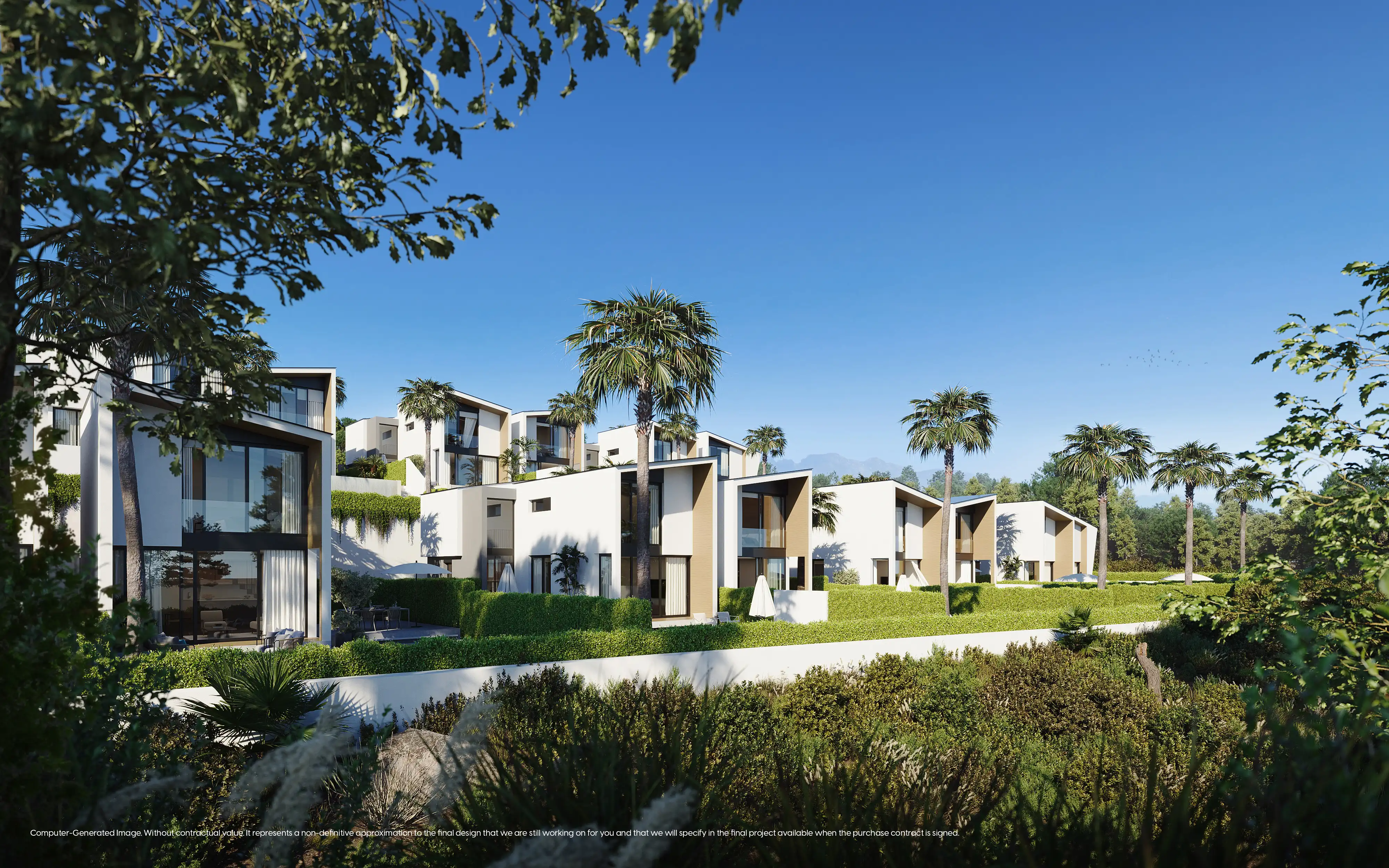 Villas framed by palm trees and Mediterranean gardens