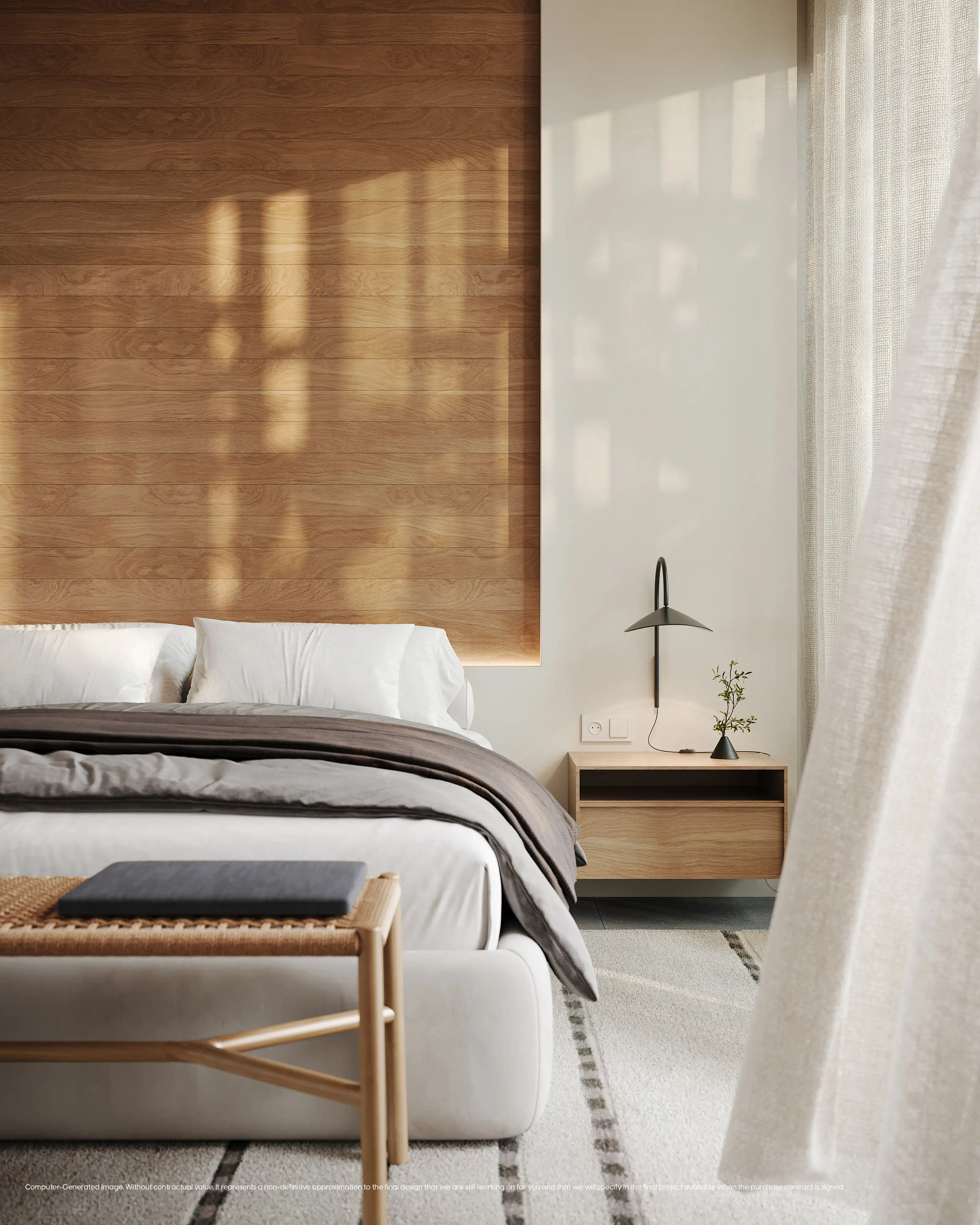 Minimalist master bedroom with wood panel wall in a luxury villa