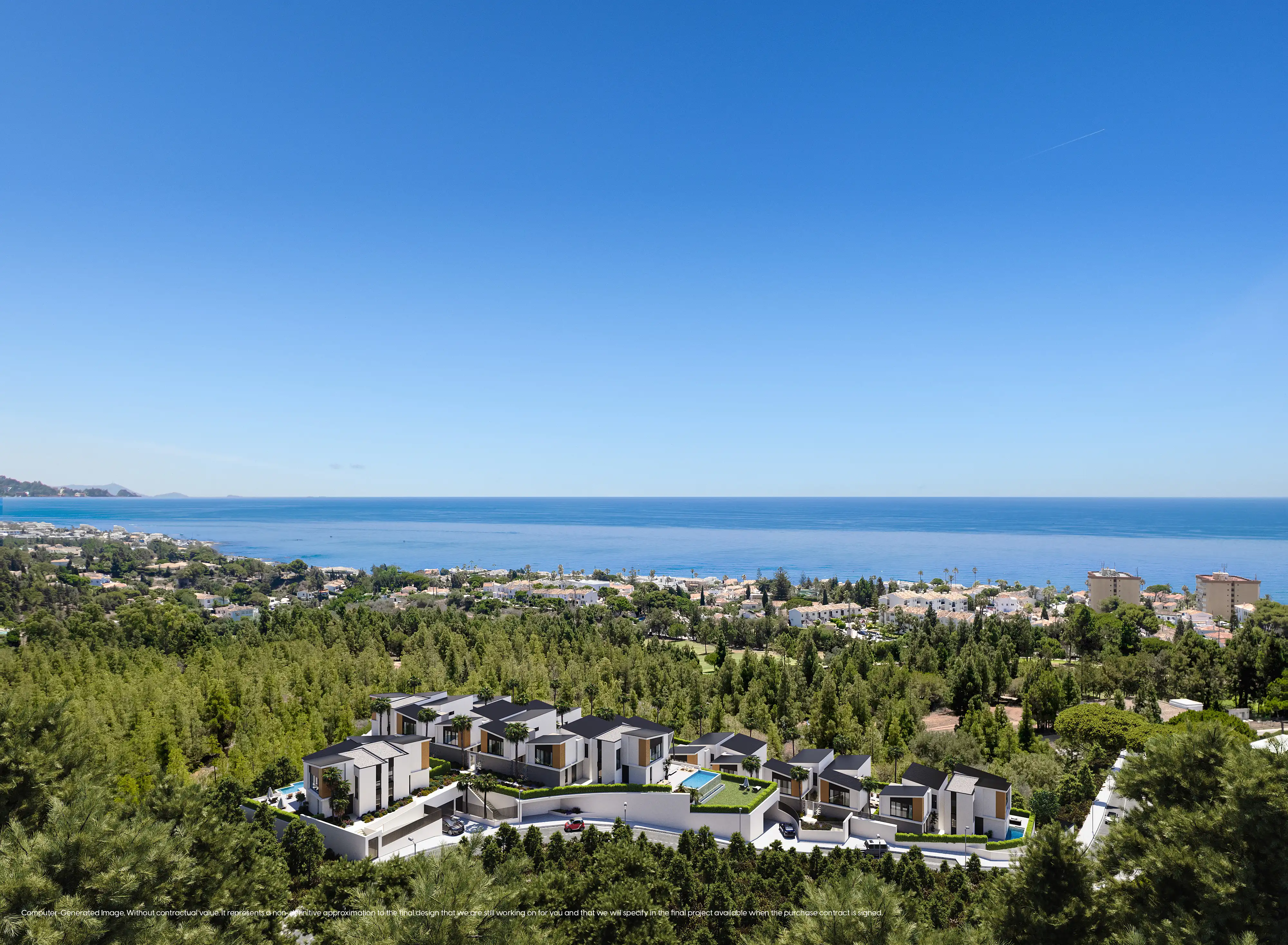 Aerial view of Pine Valley III villas surrounded by pine forest with Mediterranean sea views