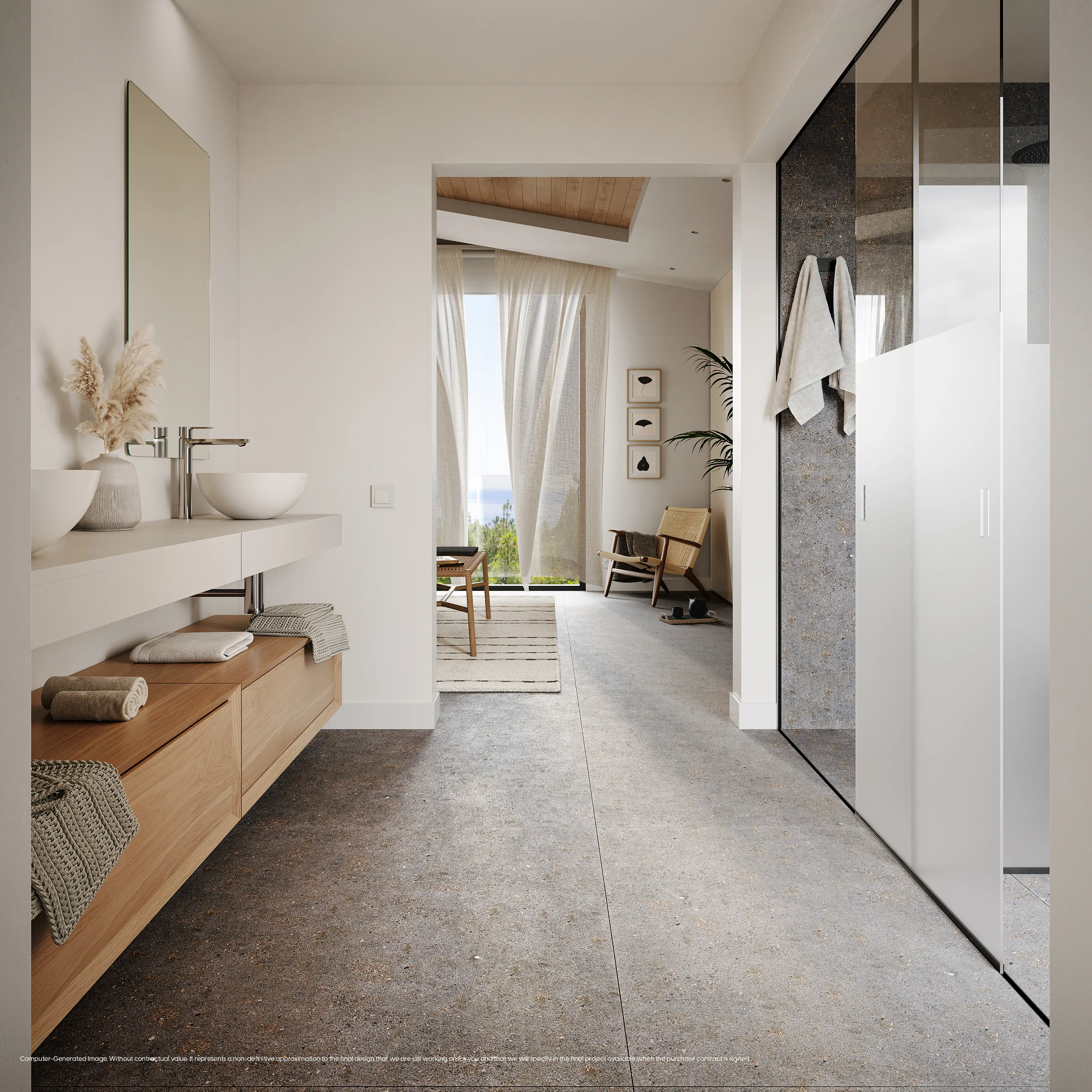 Luxury ensuite bathroom with wooden vanity and walk-in shower