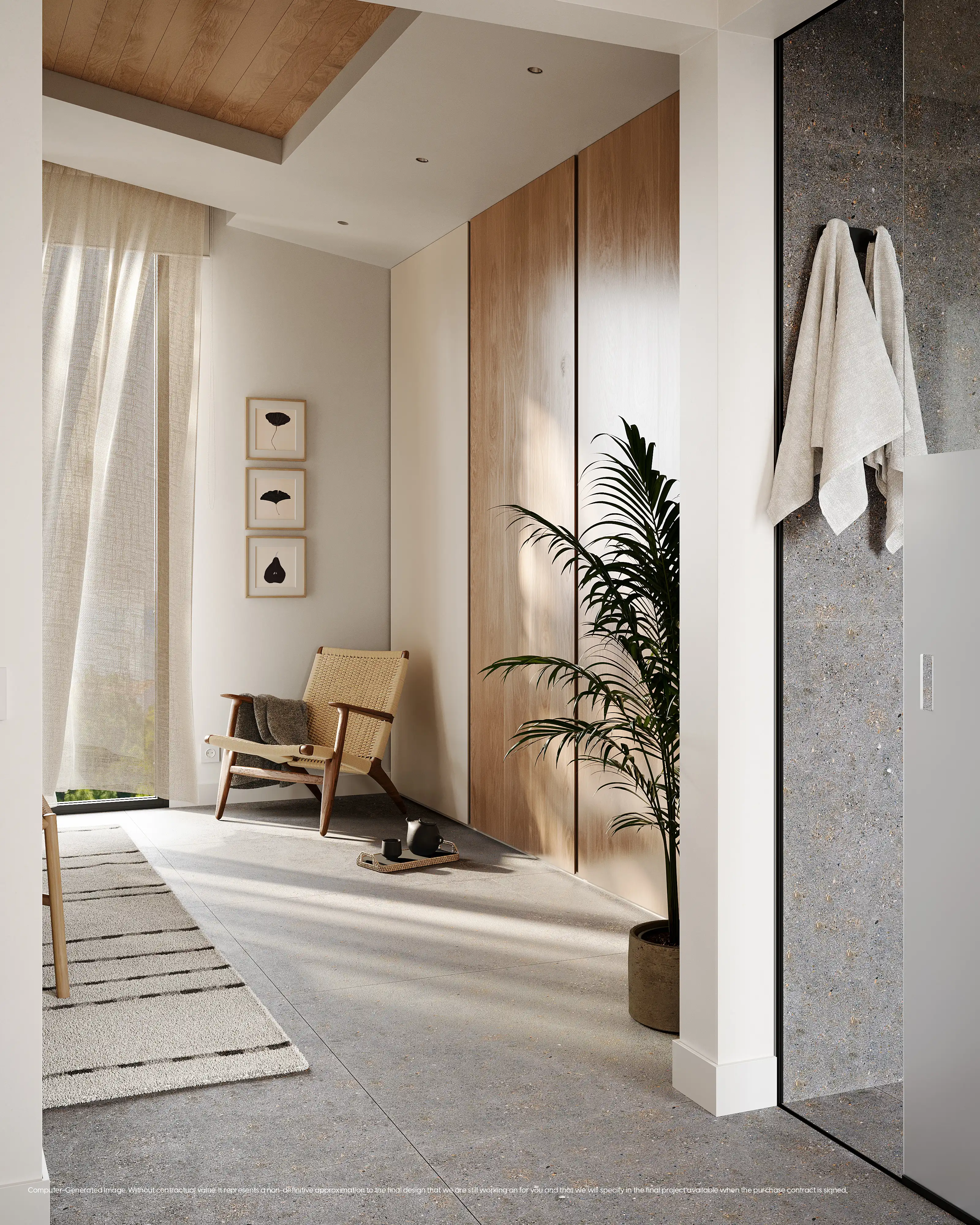 Minimalist hallway with natural wood built-in wardrobe