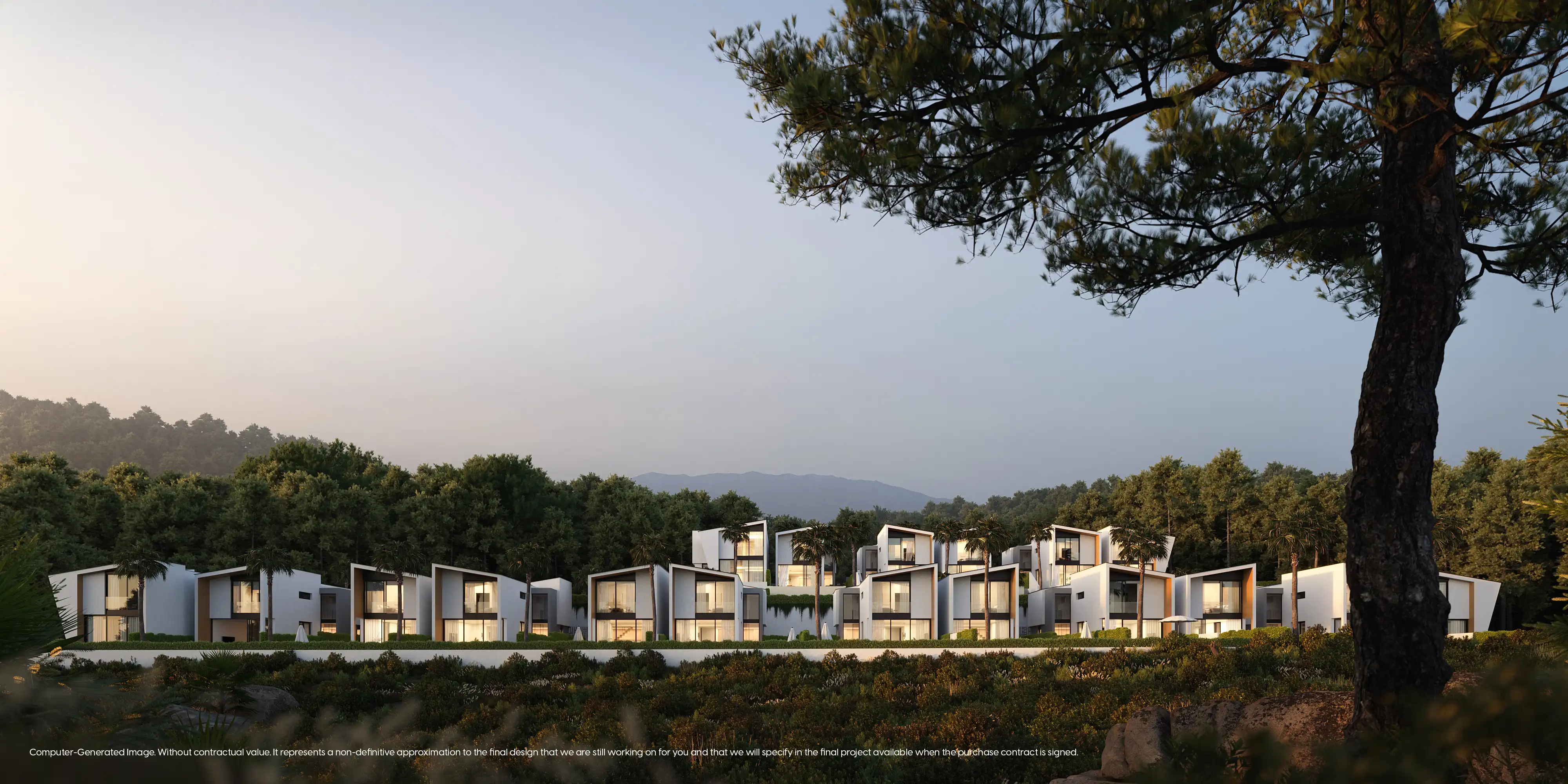 Panoramic view of hillside villas at sunset in Reserva del Chaparral, Mijas
