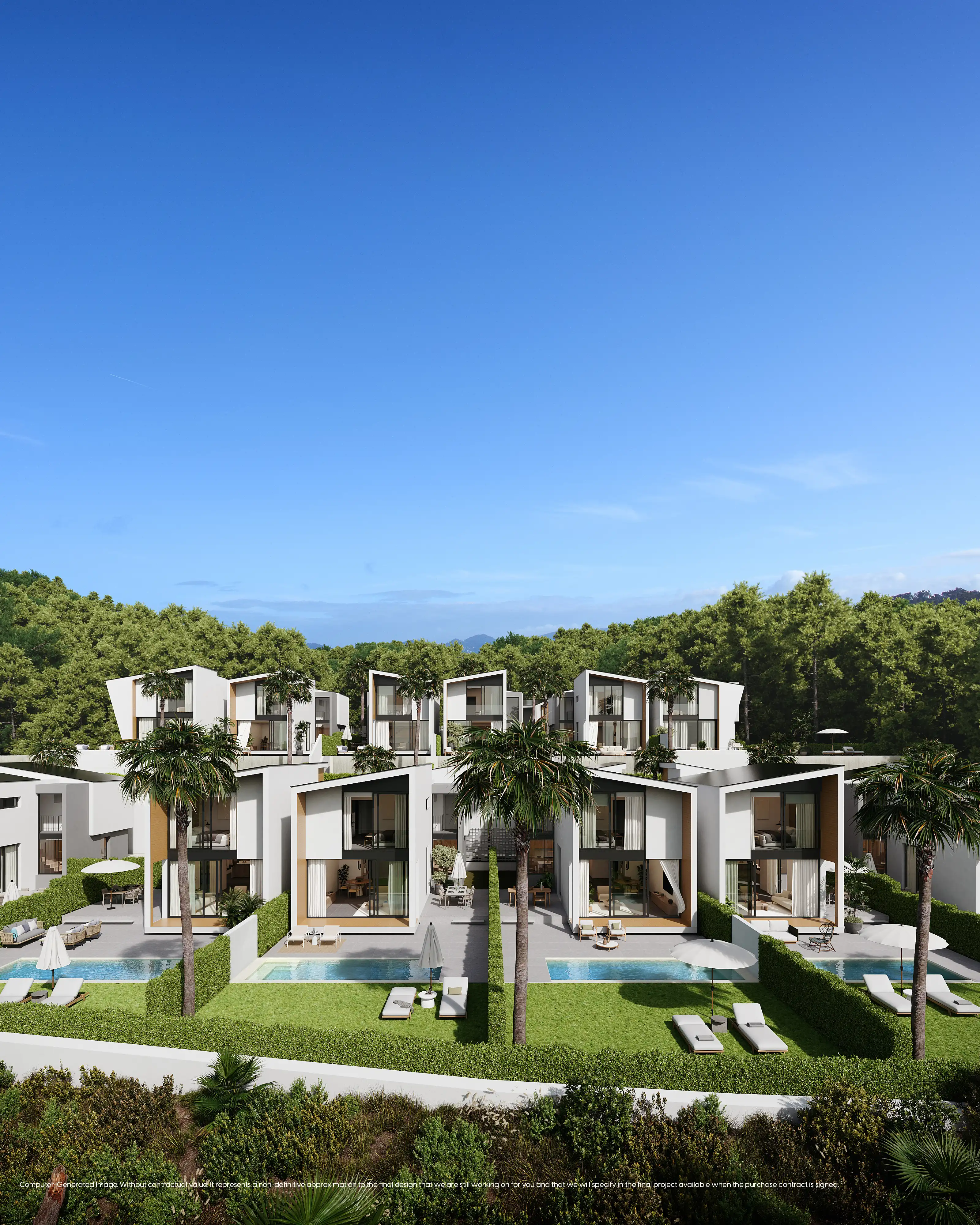Private gardens and pools of new villas in Mijas Costa