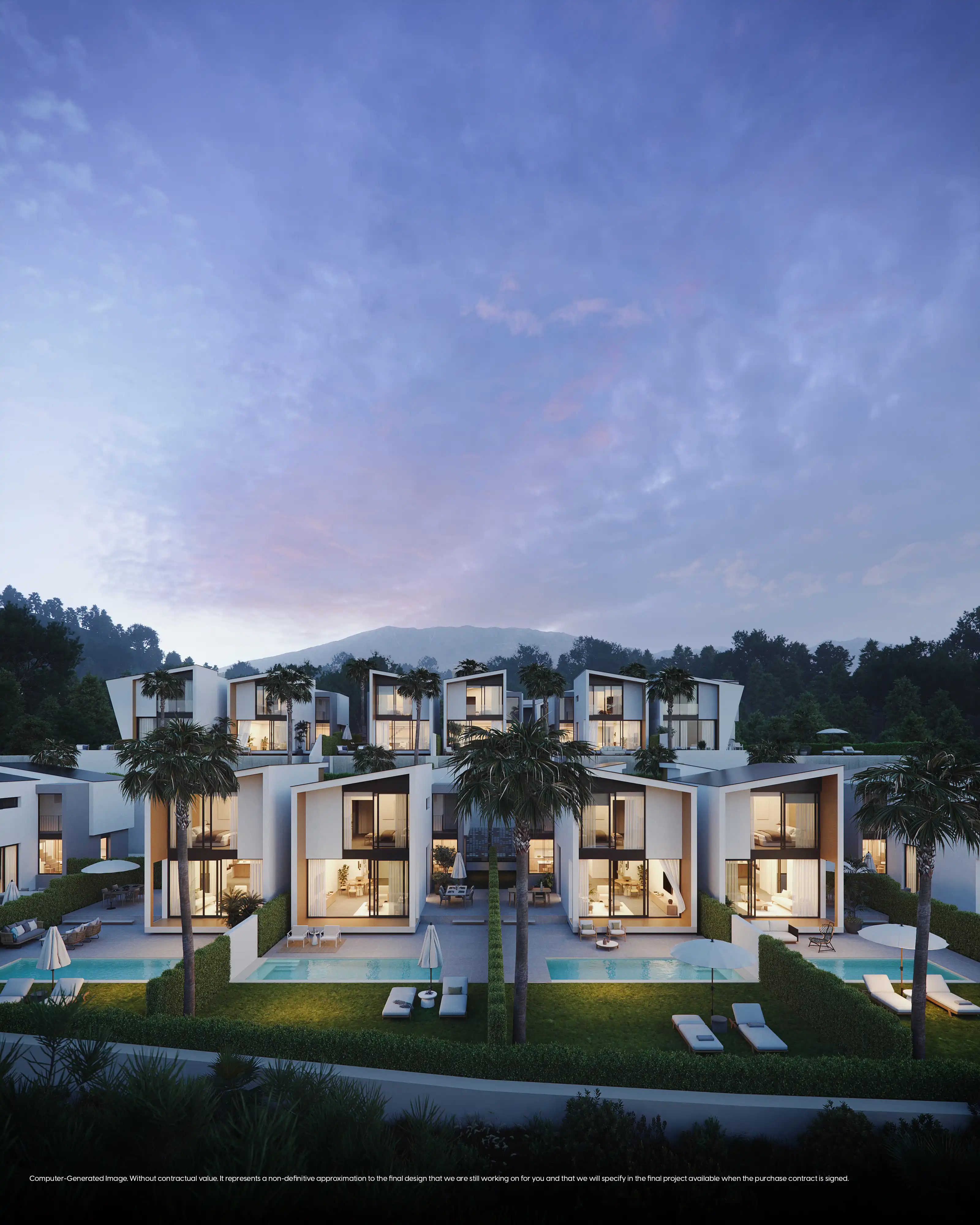 Villas with illuminated pools at dusk in Reserva del Chaparral