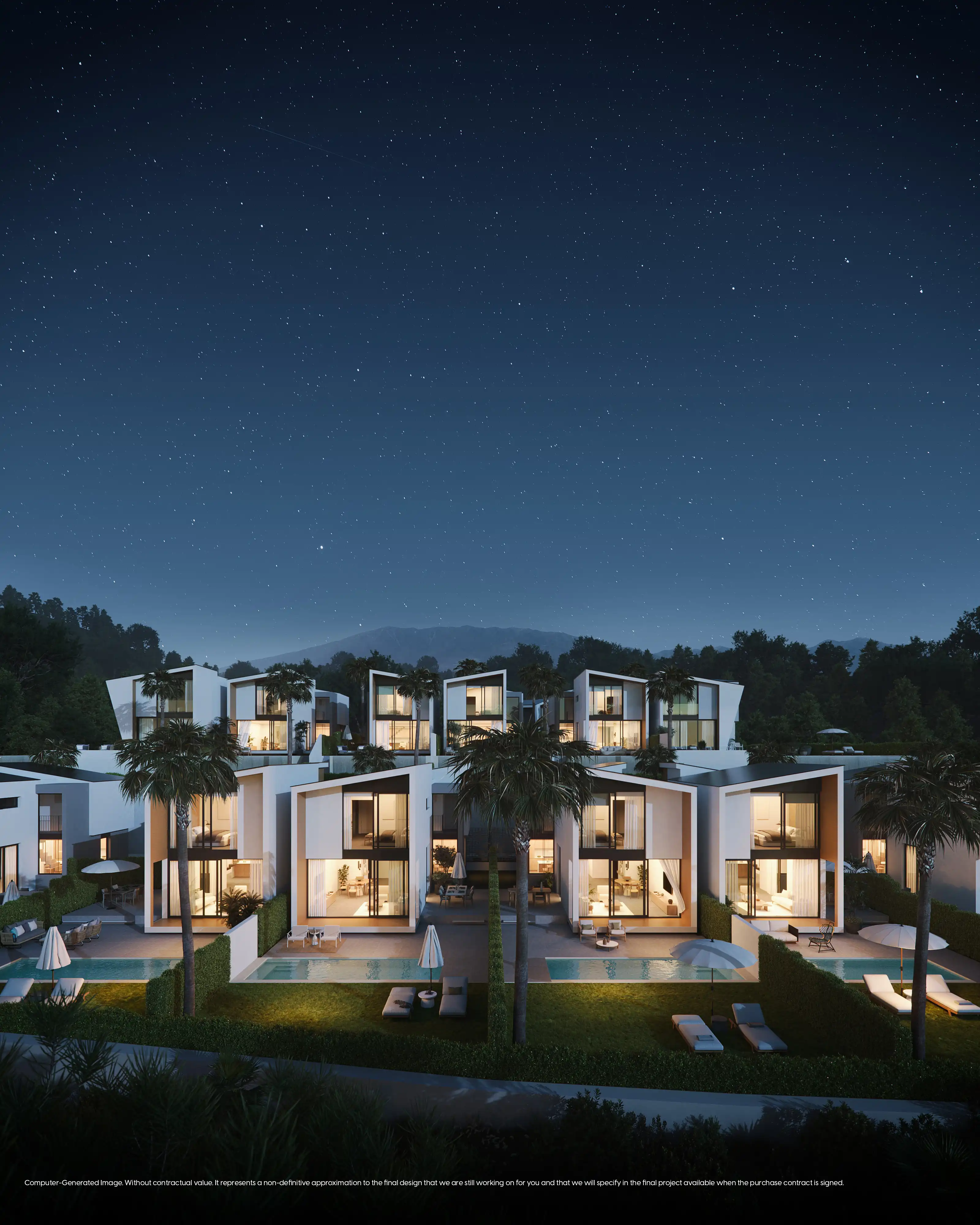 Night view of luxury villas with lit pools in Mijas Costa