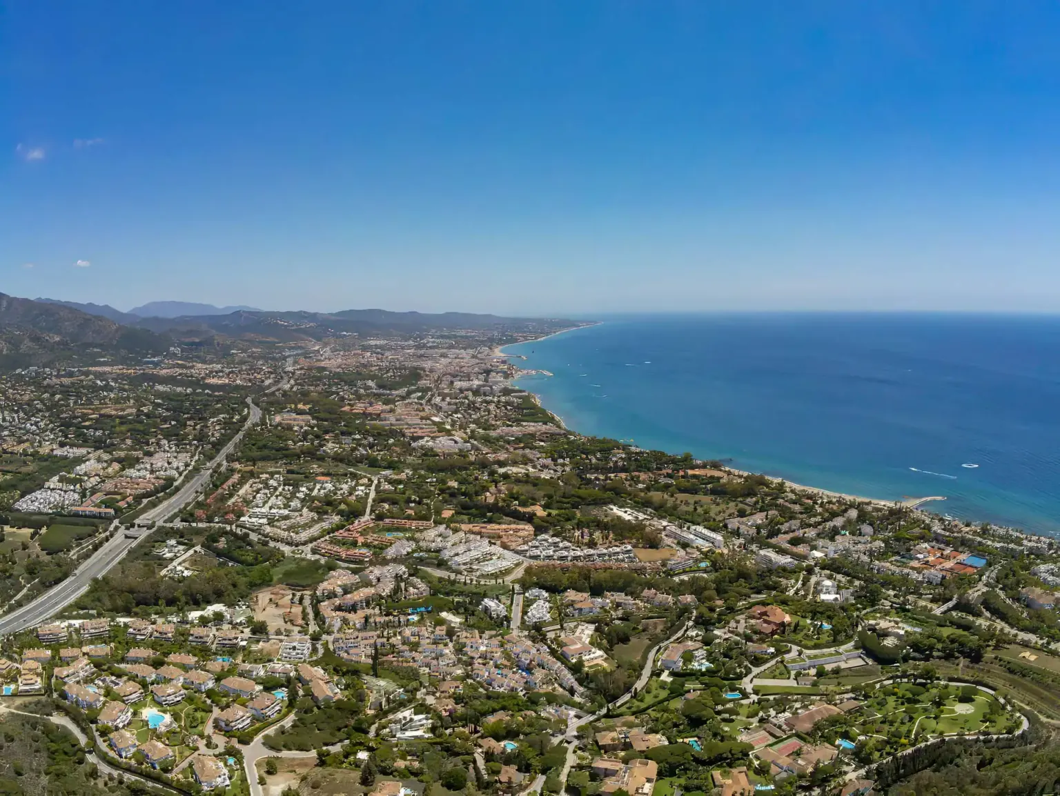 Aerial view of the Costa del Sol coastline and the Mediterranean near Marbella