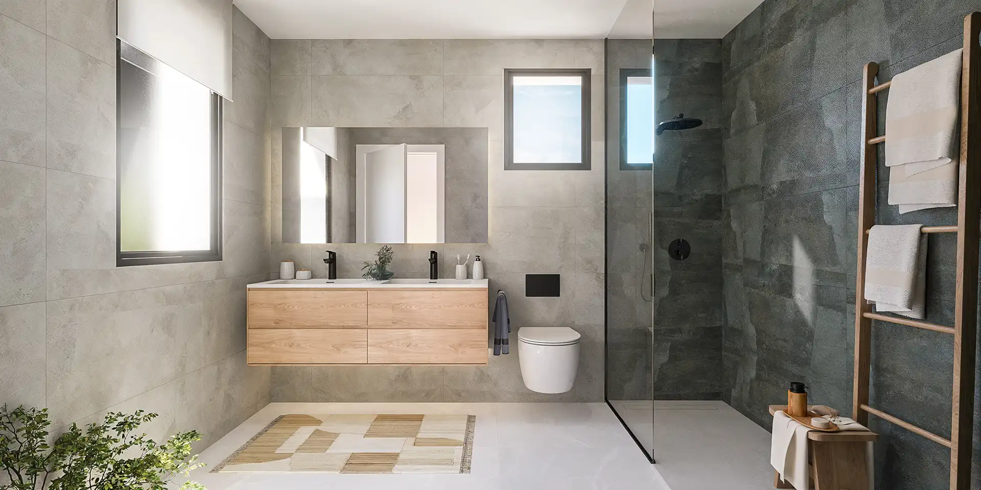 Spa-style bathroom with double sinks and walk-in shower in a new Estepona home