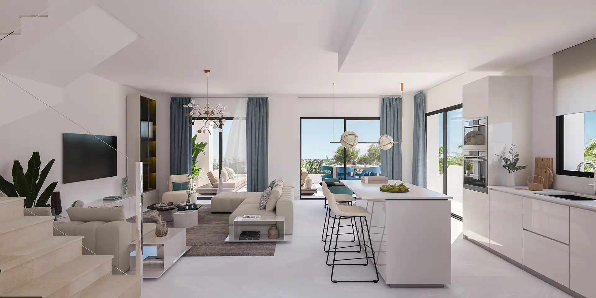 Open-plan white kitchen with island and terrace views in an Estepona semi-detached house