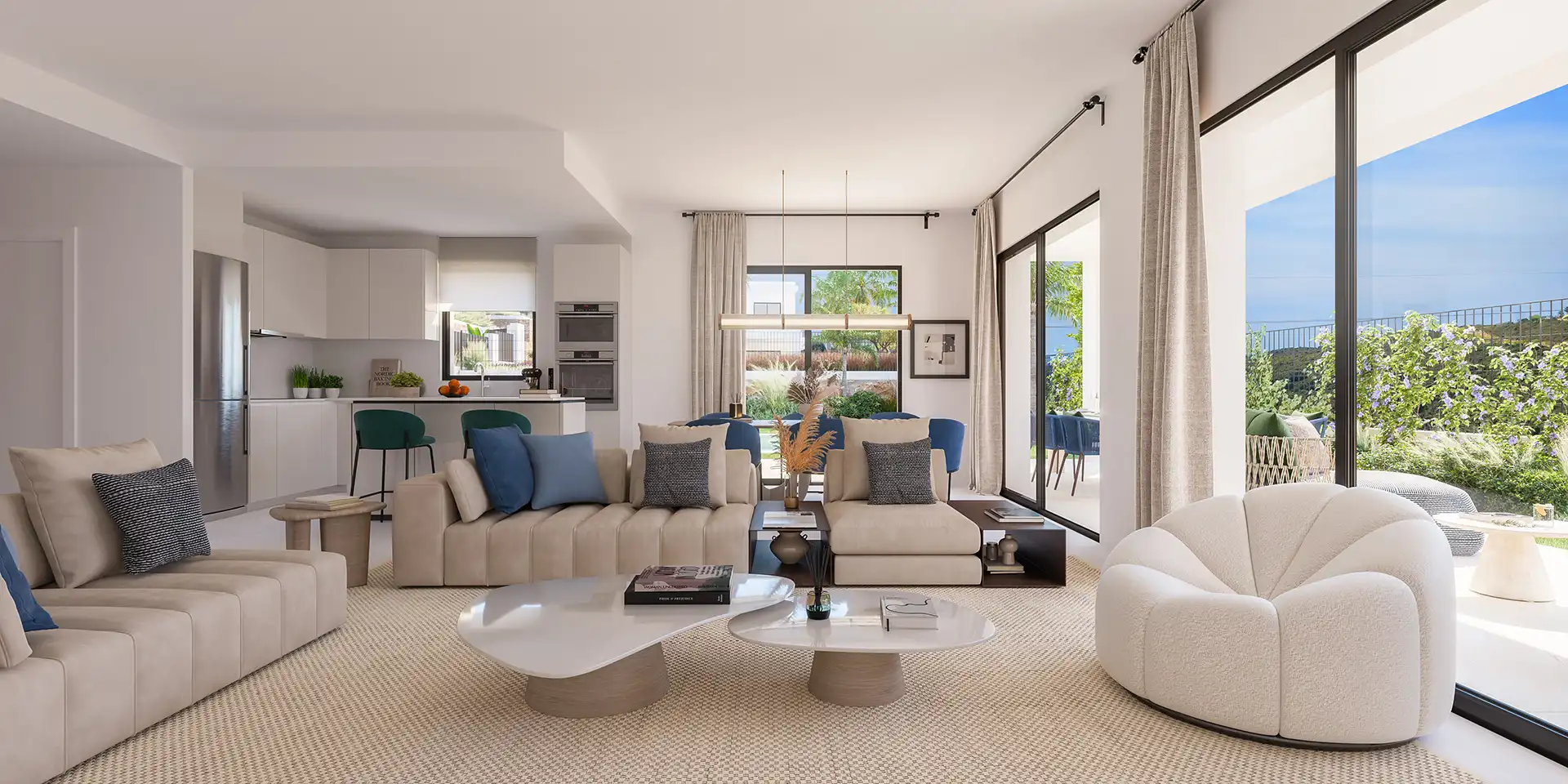 Open-plan living room with large windows opening onto a terrace in a new Estepona home
