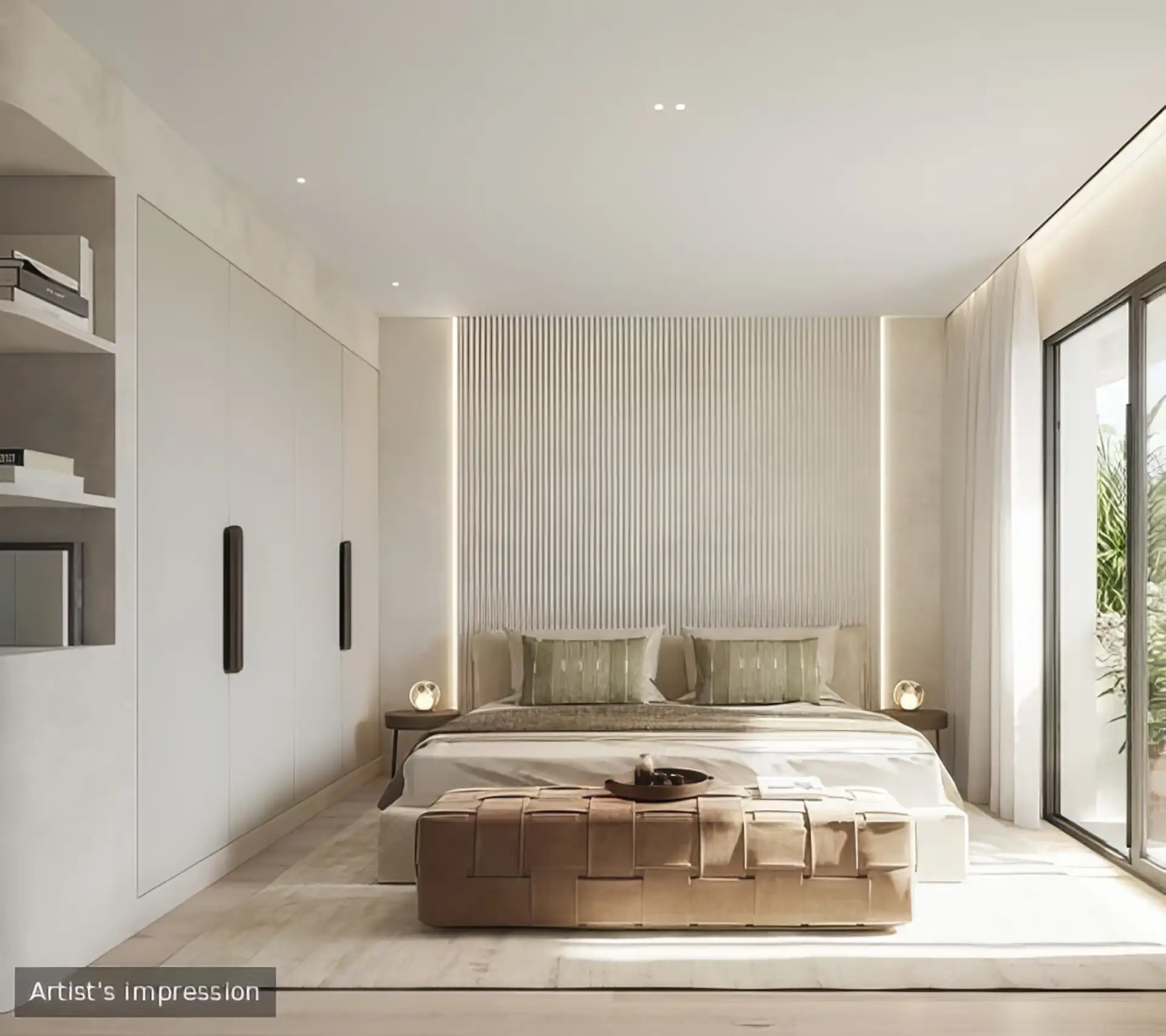 Master bedroom with slatted wood headboard wall