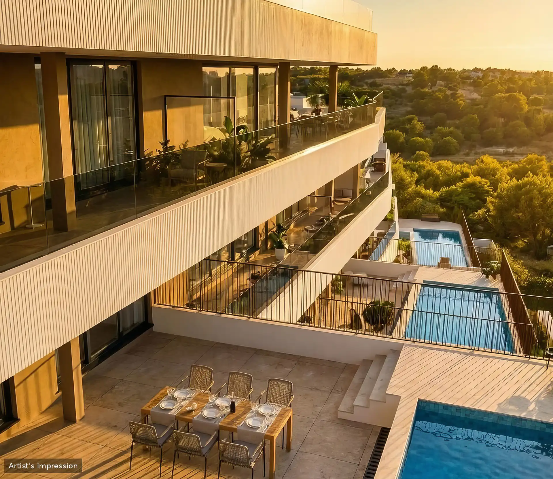 Asperia Heights terraces overlooking the pool