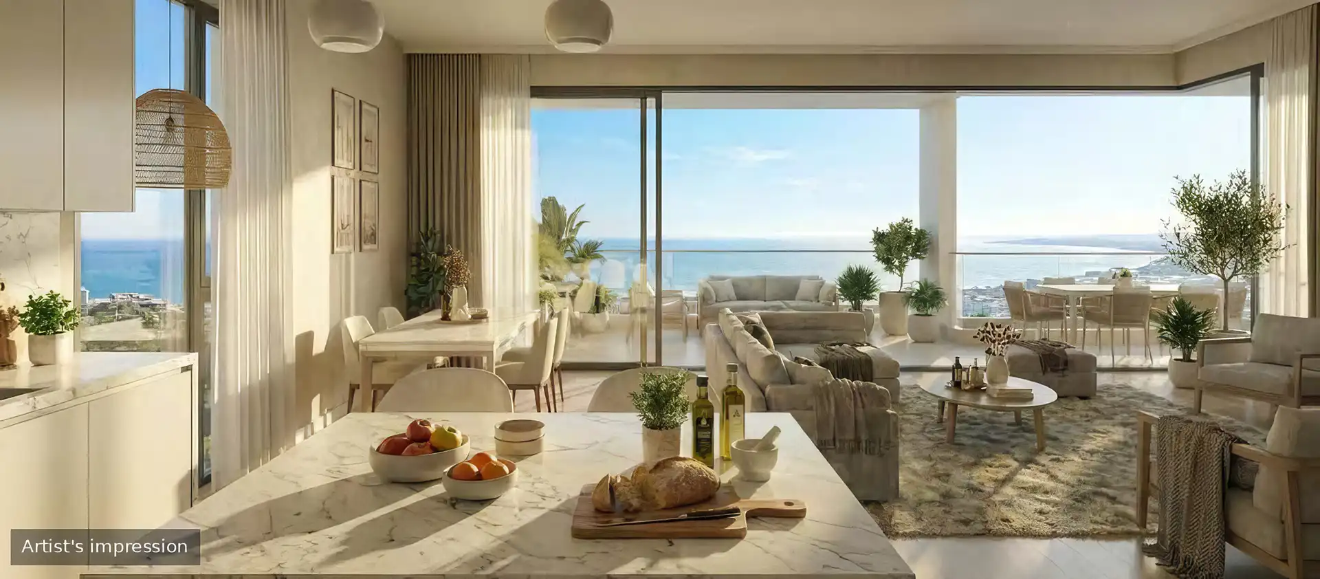 Open-plan living room with panoramic sea views in Estepona