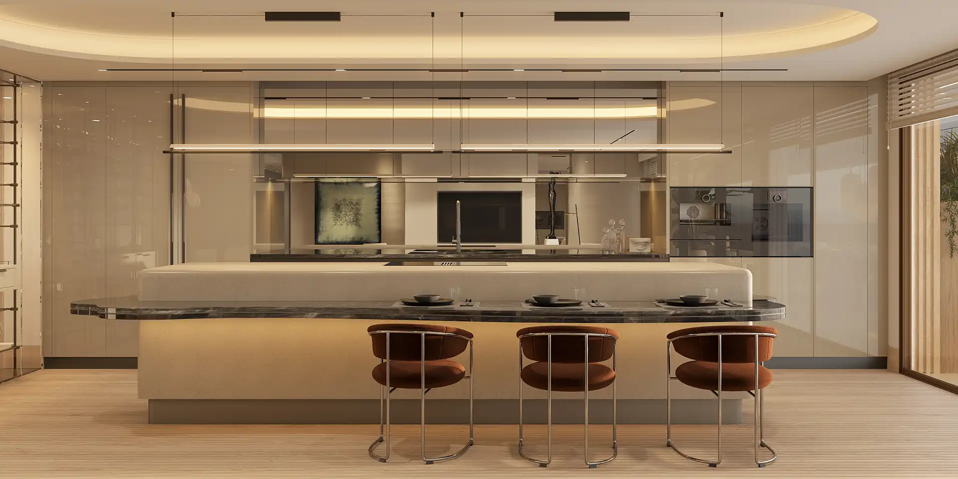 Modern kitchen island with marble countertop in a luxury Estepona apartment