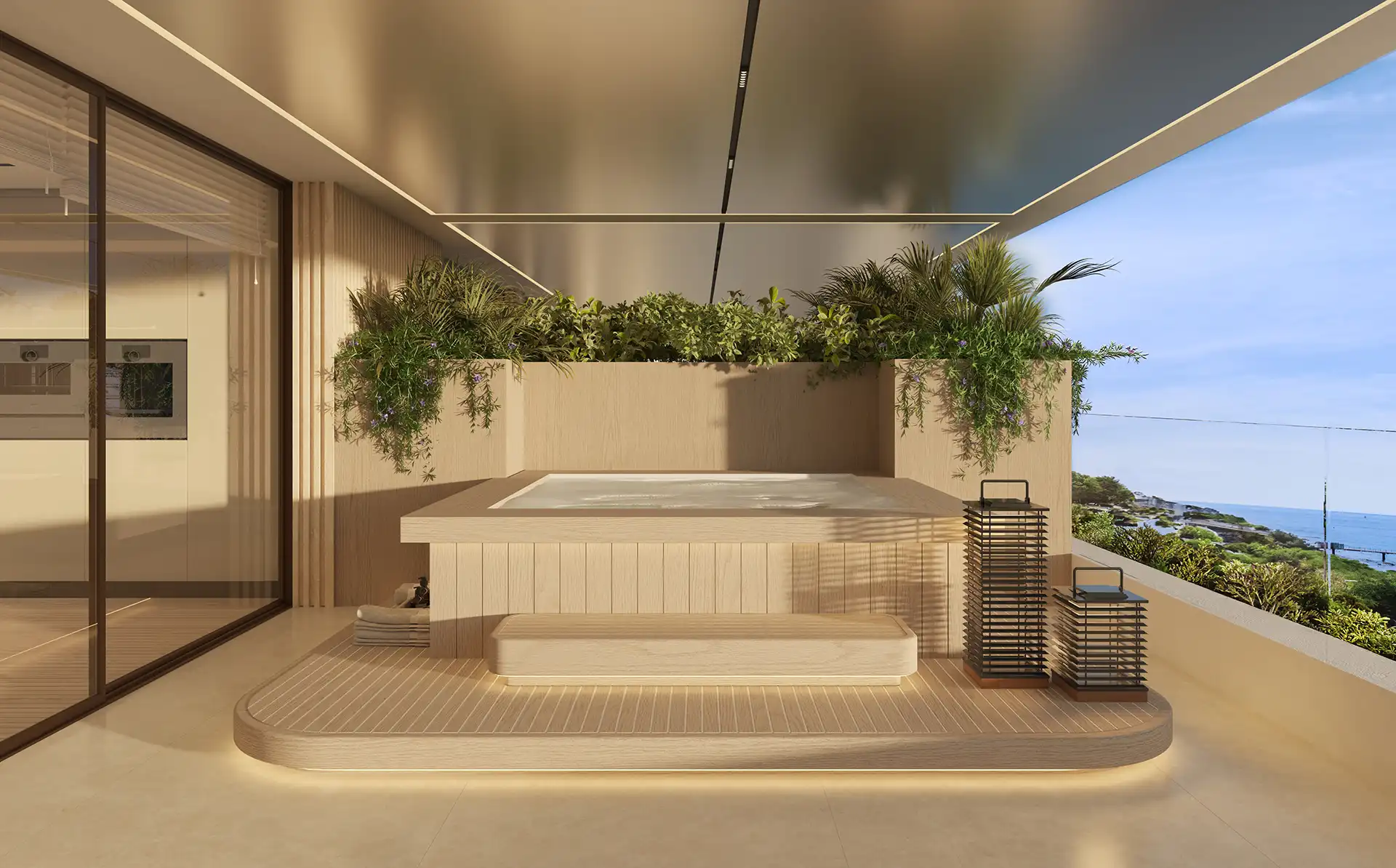 Terrace hot tub with ocean view and greenery