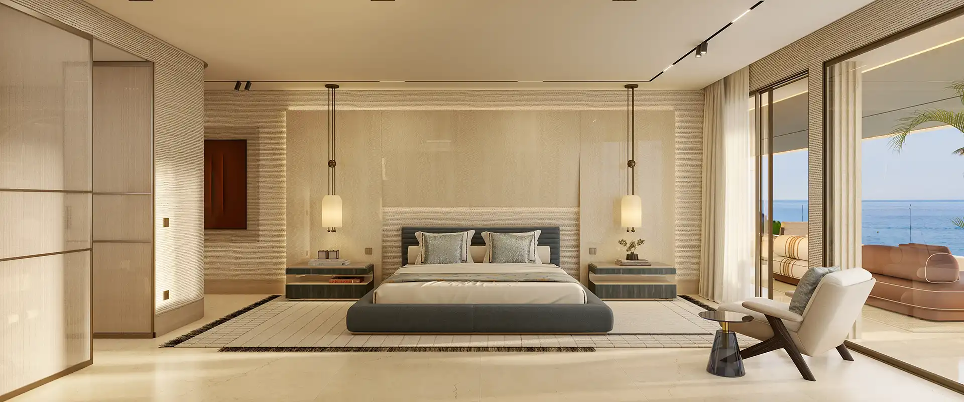 Master bedroom suite with ocean view terrace on the Costa del Sol