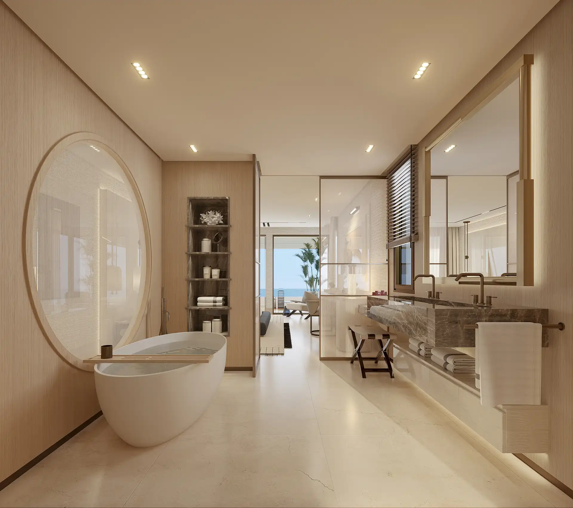 Master bathroom with freestanding tub and ocean view in Estepona