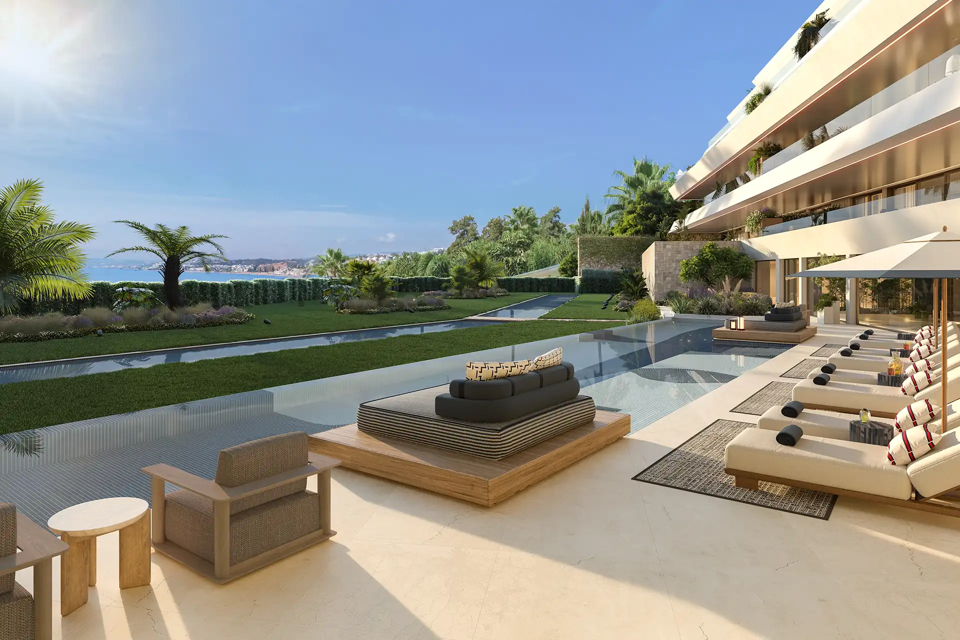 Infinity pool terrace with sea views and gardens in Estepona