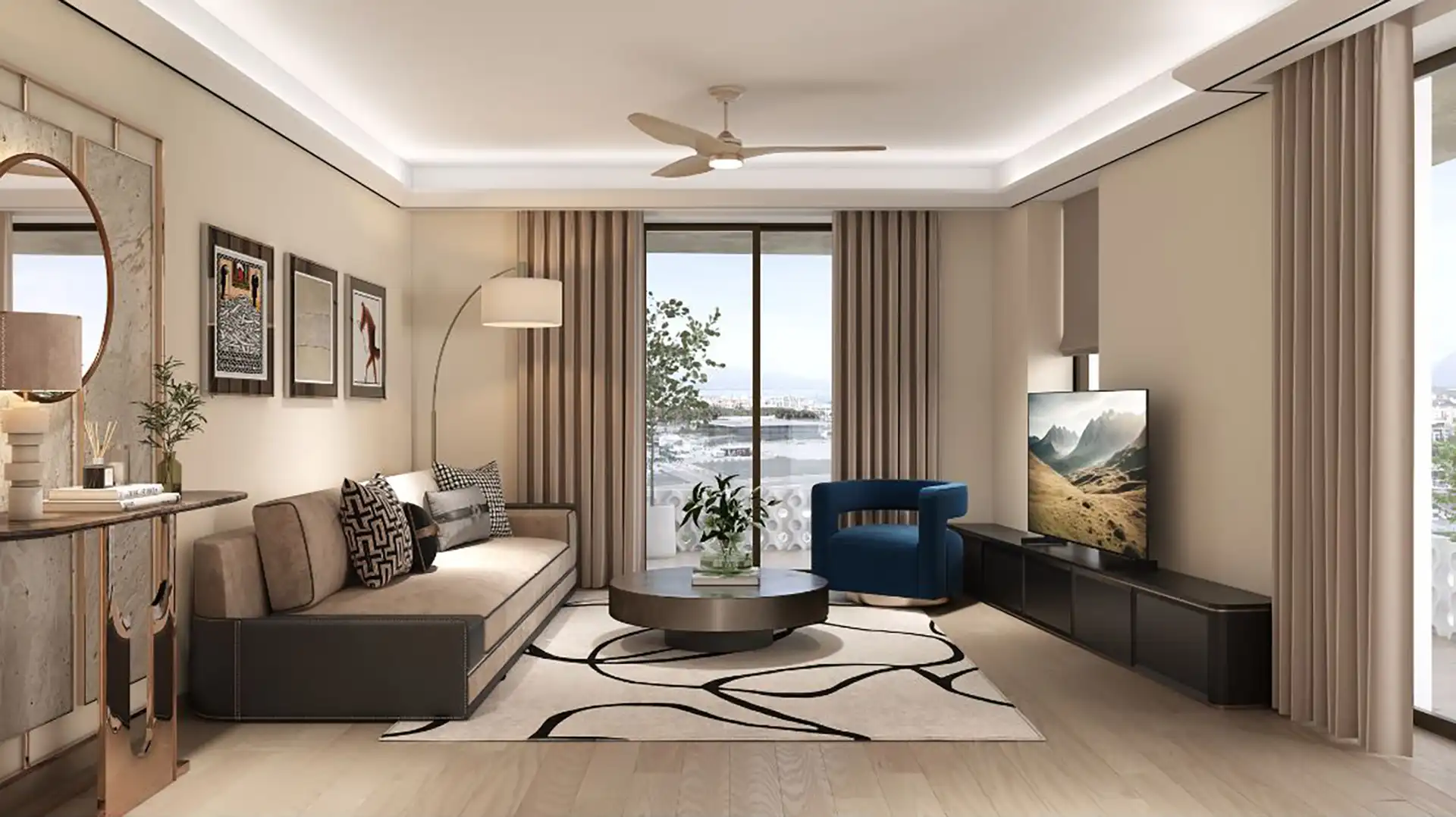 Contemporary living room with tray ceiling and balcony city views in a Gibraltar new-build apartment