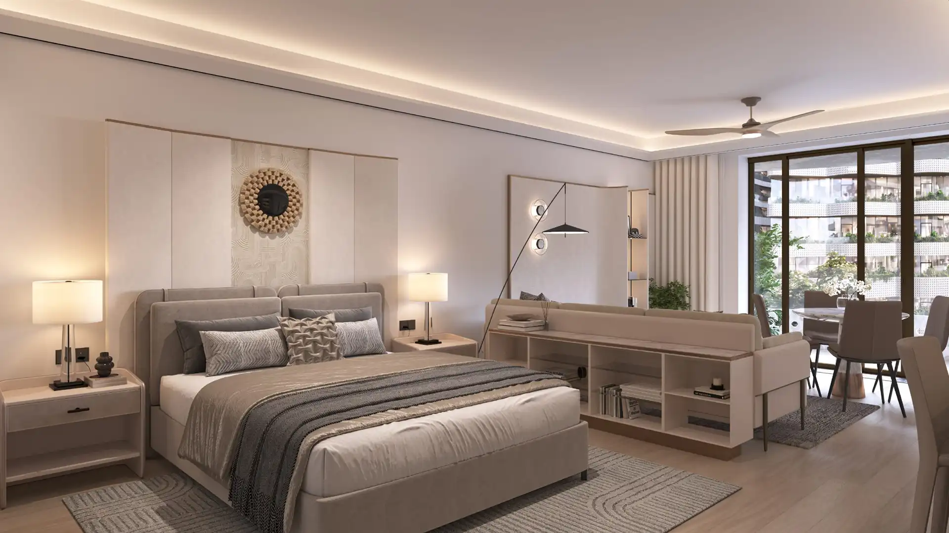 Master bedroom with balcony access and neutral modern décor in a Gibraltar new-build apartment