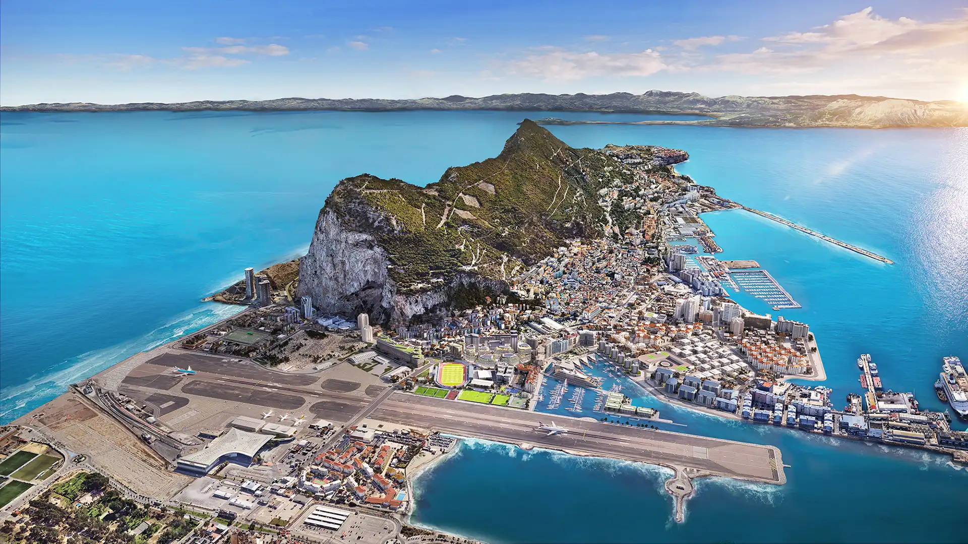Aerial view of the Rock of Gibraltar, the city and the airport runway