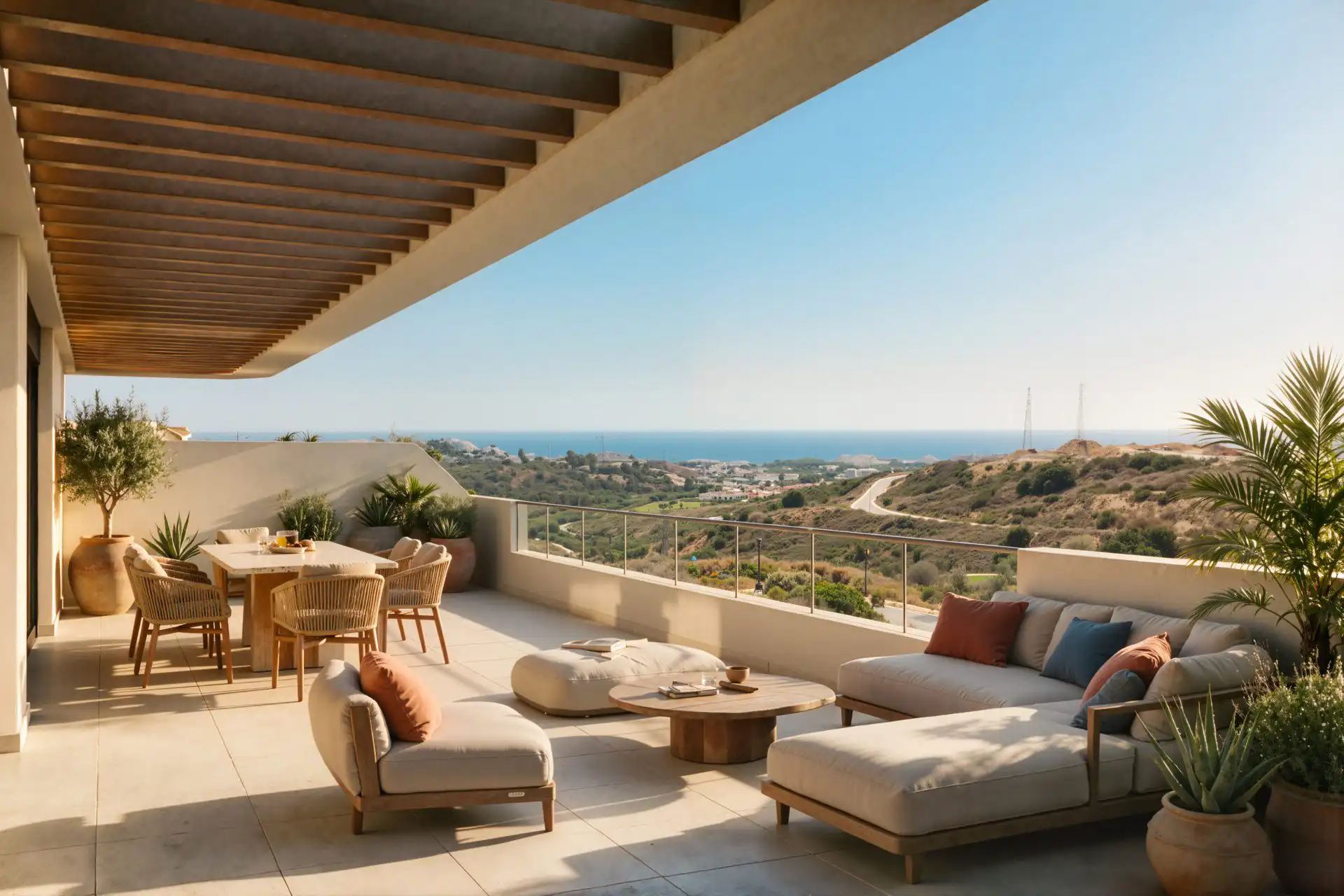 Hillside terrace with outdoor furniture and sea and landscape views on the Costa del Sol