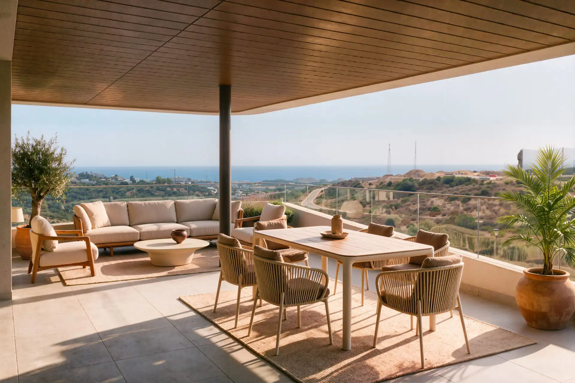Covered terrace with sofas overlooking the coast and hills of Estepona