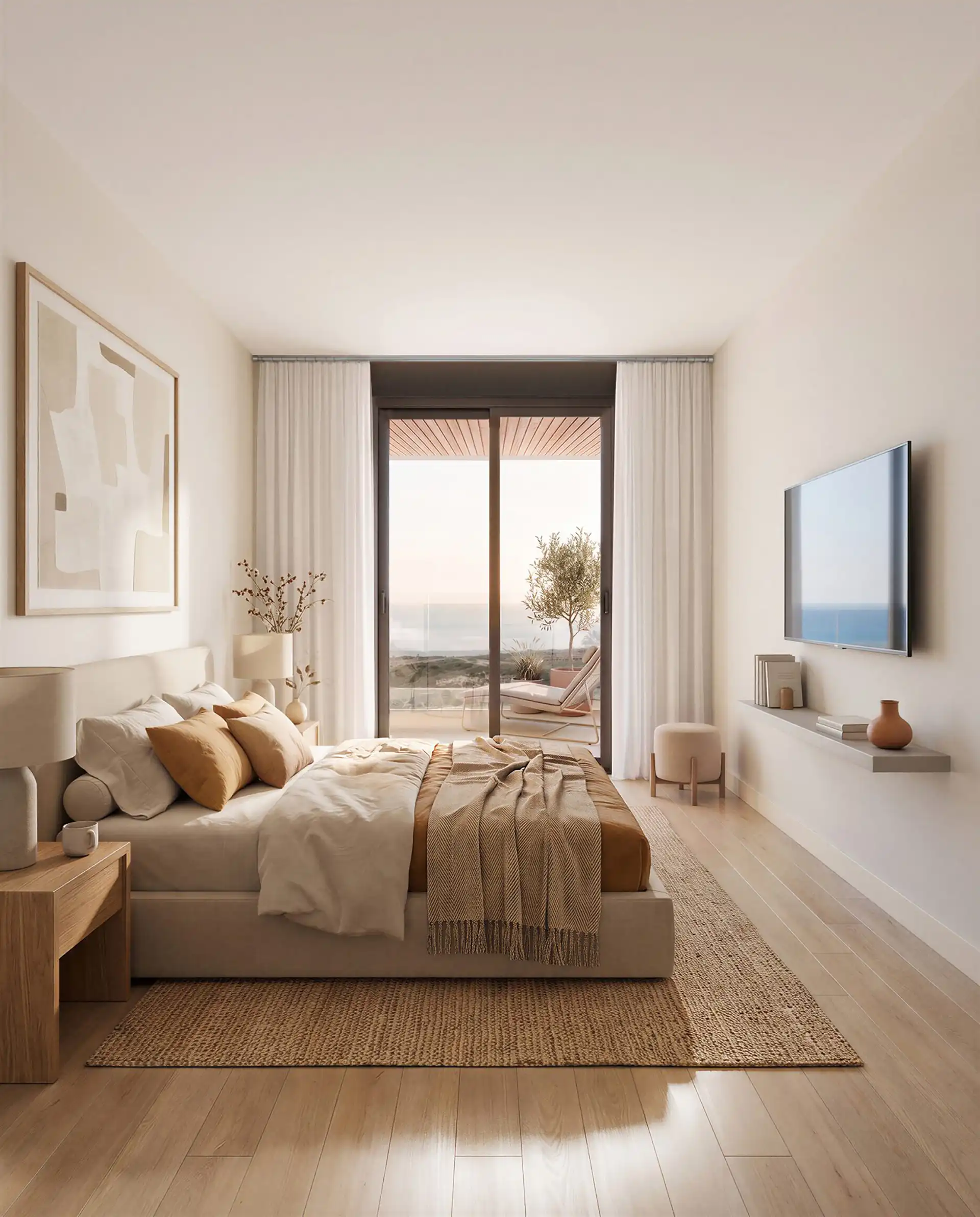 Bedroom with direct balcony access and sea views at Kalifornia Estepona