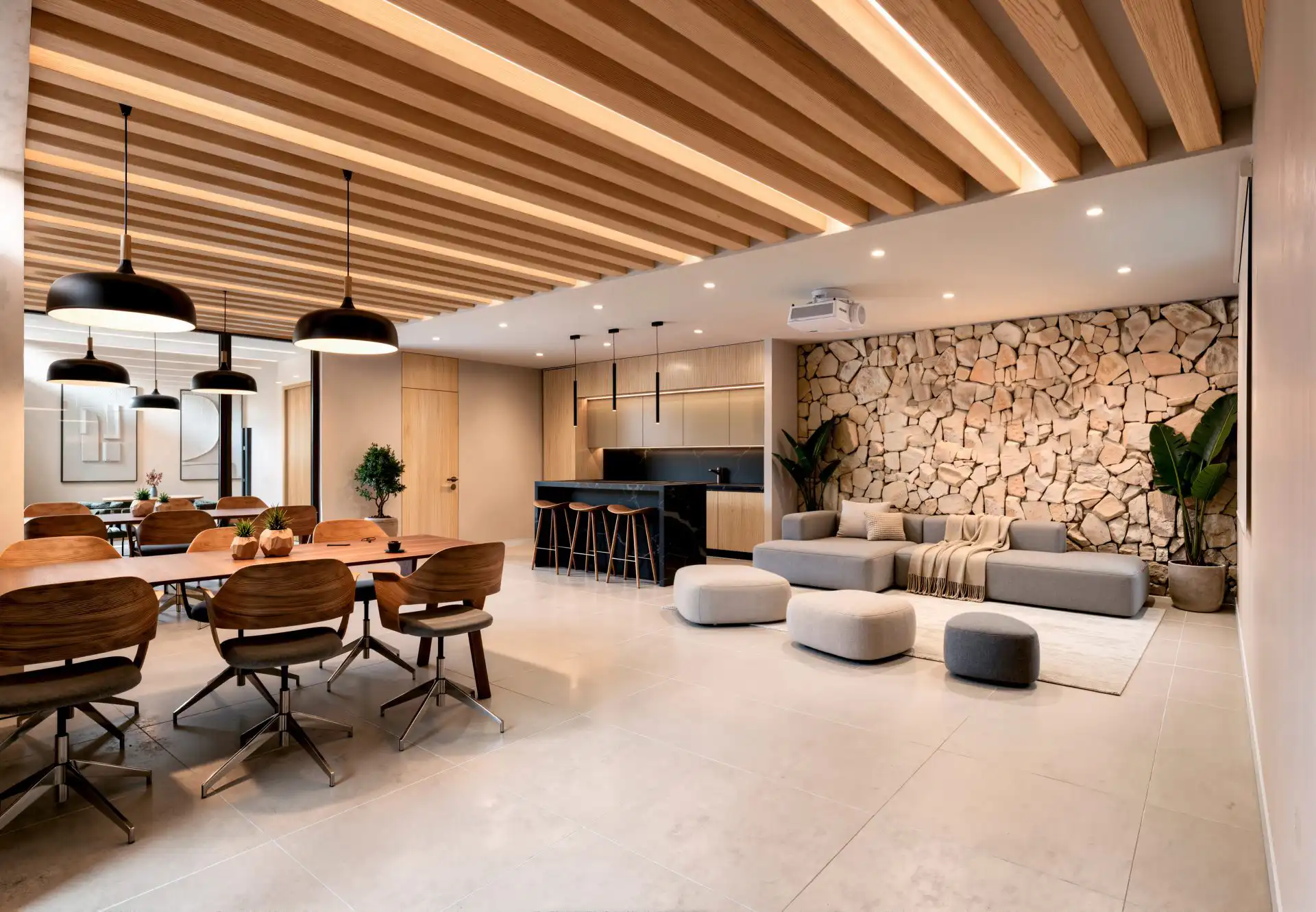 Open-plan living room with stone accent wall and wooden finishes in a new Estepona apartment