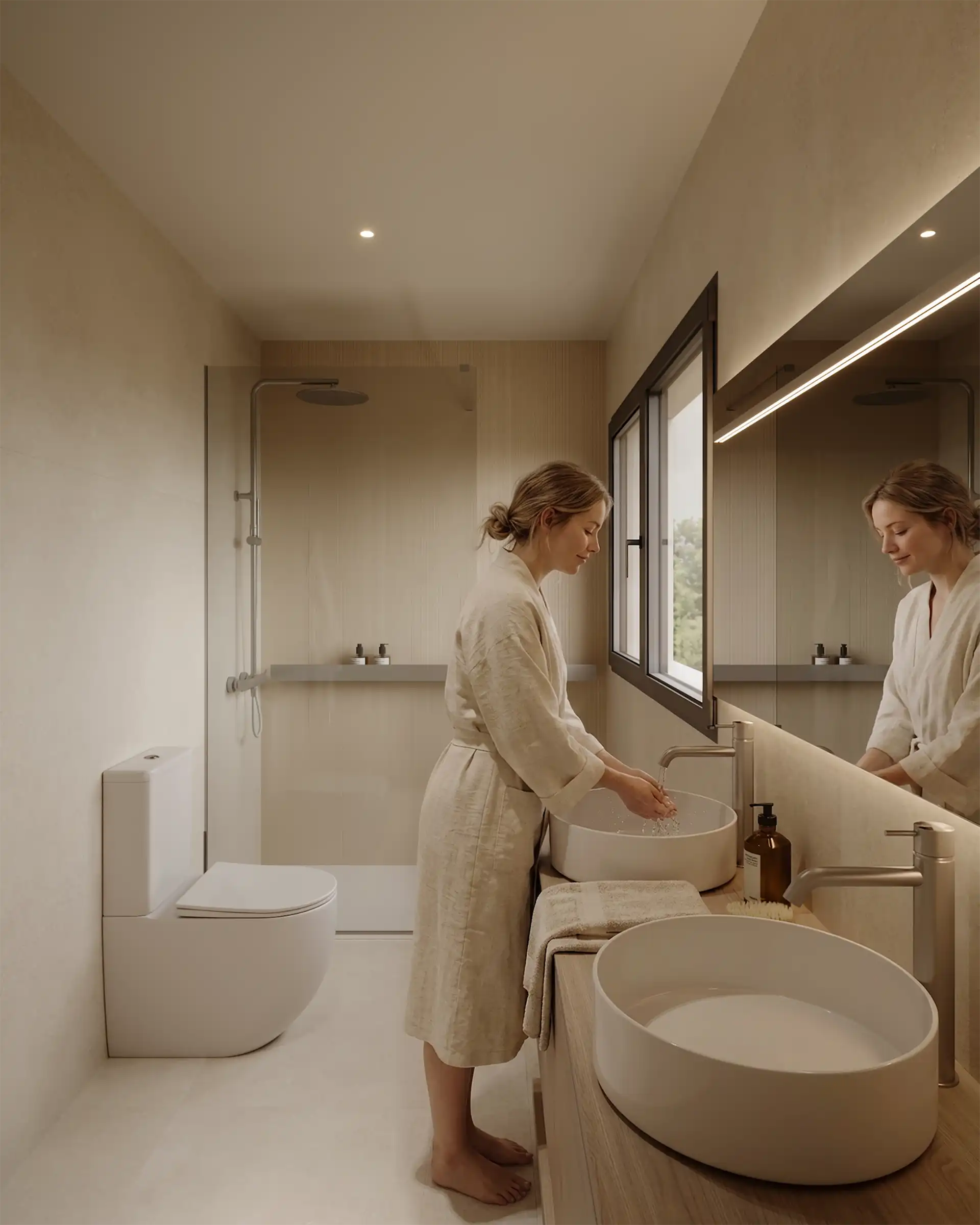 Spa-style bathroom with double round vessel sinks in warm neutral tones