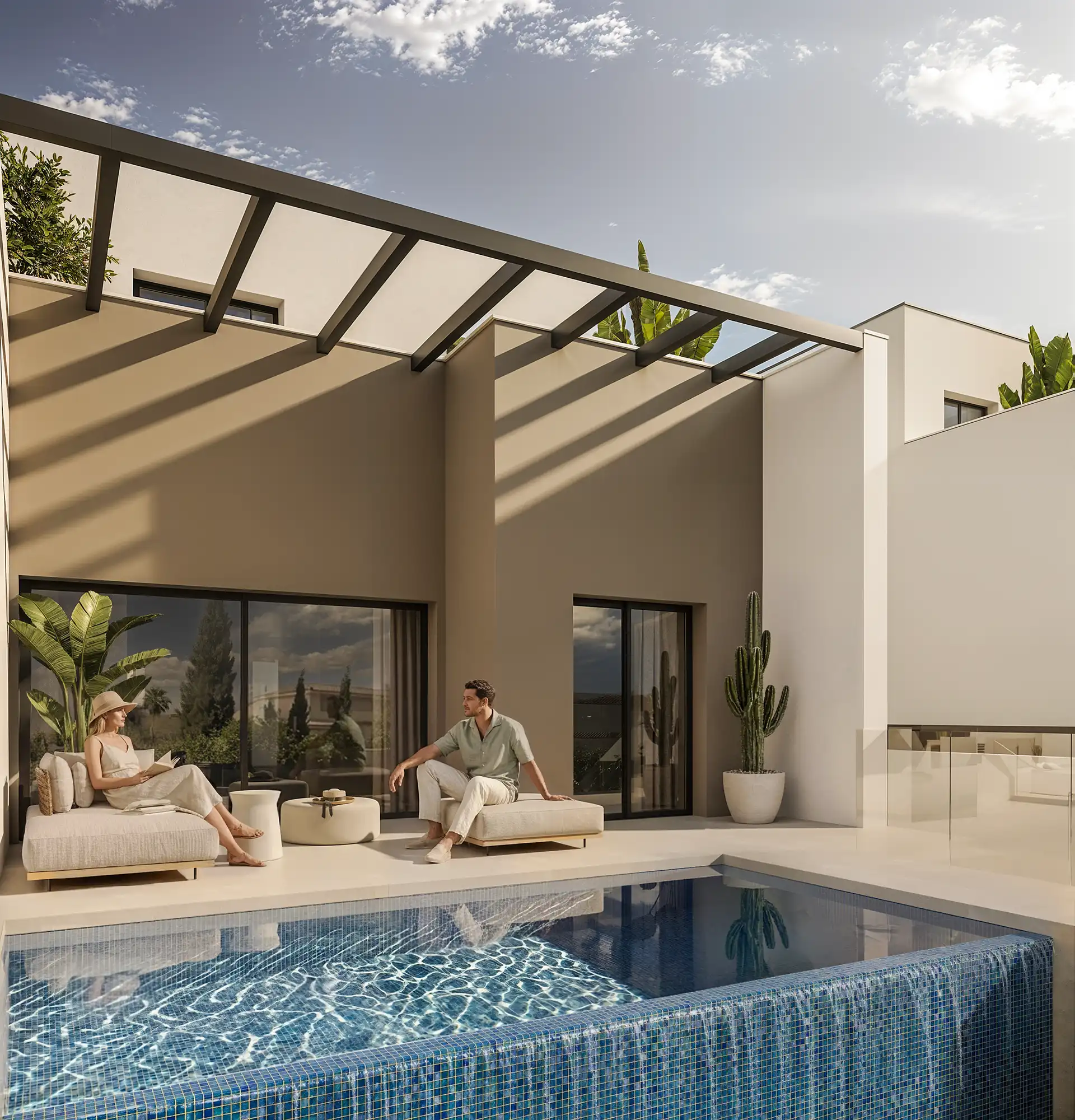Private pool terrace with sun loungers at a Martagina Hills villa in Manilva