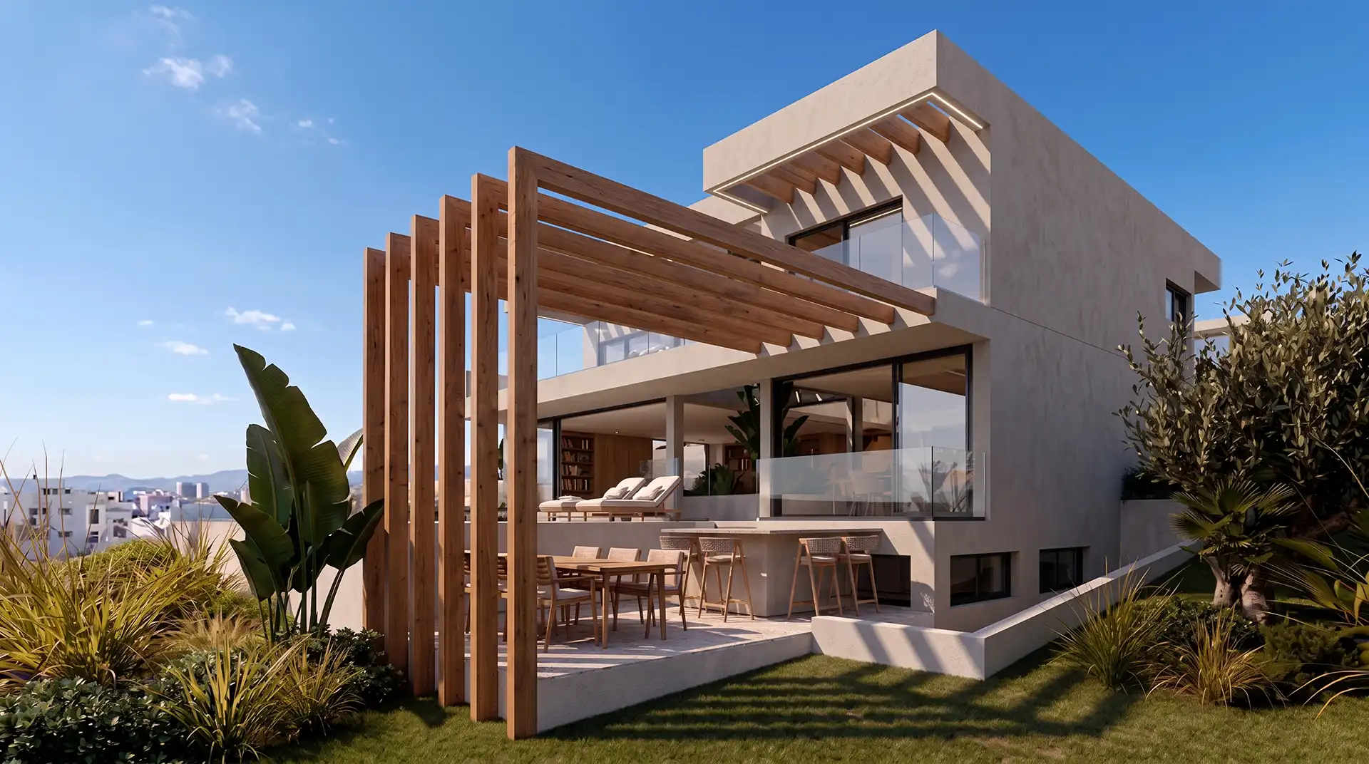 Villa terrace with wooden pergola, outdoor dining and bar in Valle Romano, Estepona