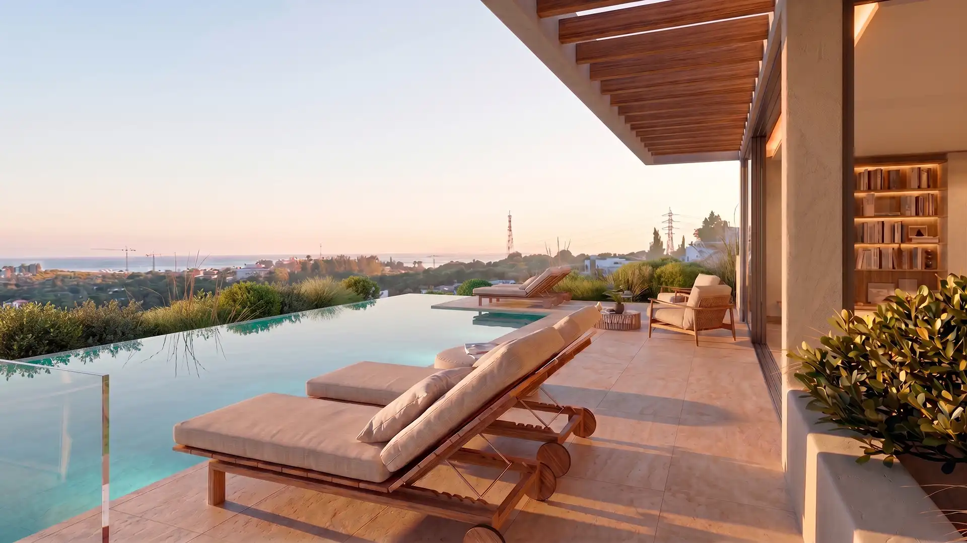 Regia Valle Romano infinity pool terrace with sea views at sunset in Estepona