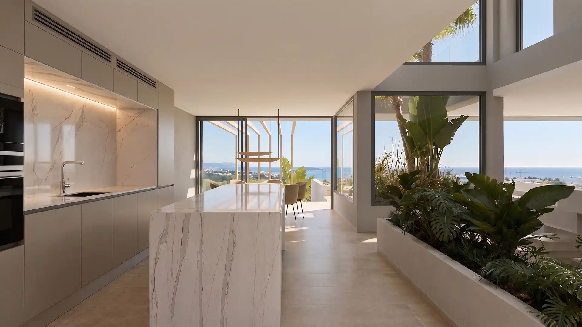 Villa kitchen with large central island and sea views in Valle Romano, Estepona
