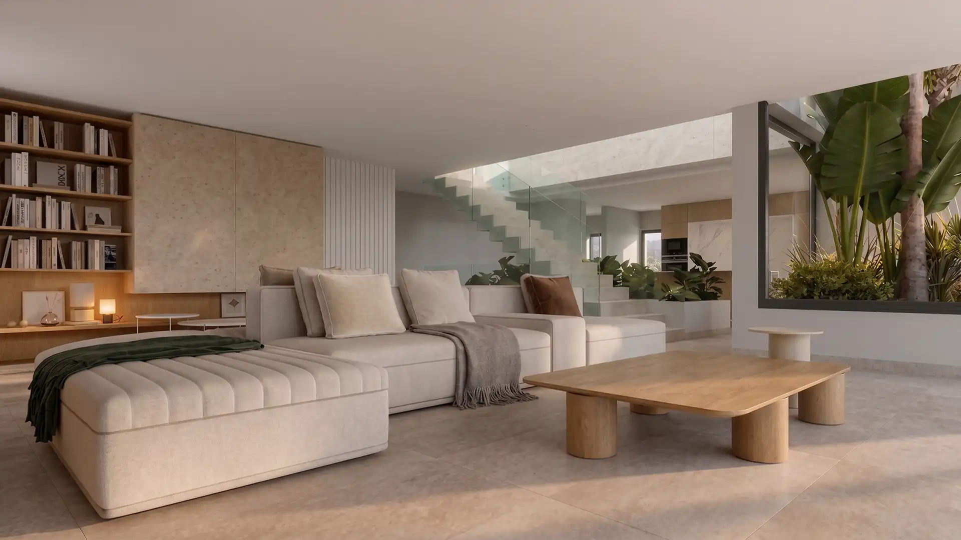 Open-plan villa living room with floating glass staircase and indoor plants, Estepona